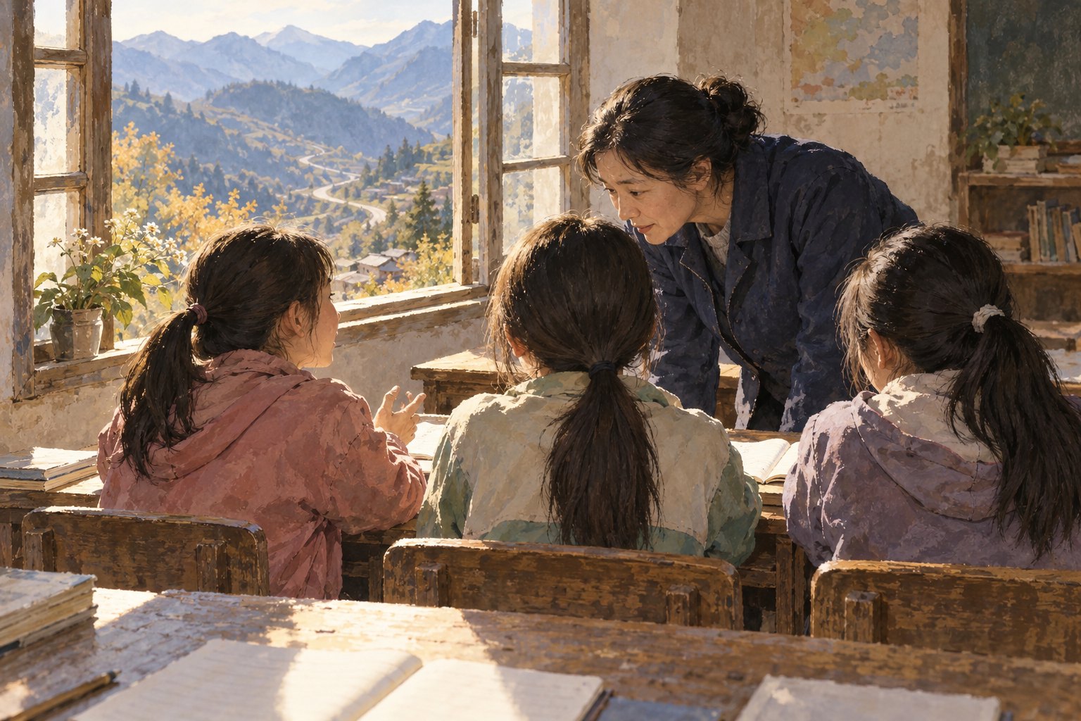 山区教育主题概念插画，非剧照：女教师俯身倾听三名学生交谈，教室窗外可见群山