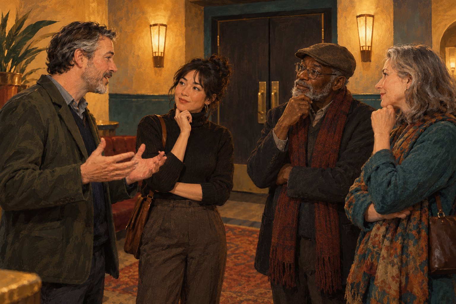 Editorial illustration of four adult moviegoers discussing a film in a warmly lit theater lobby.