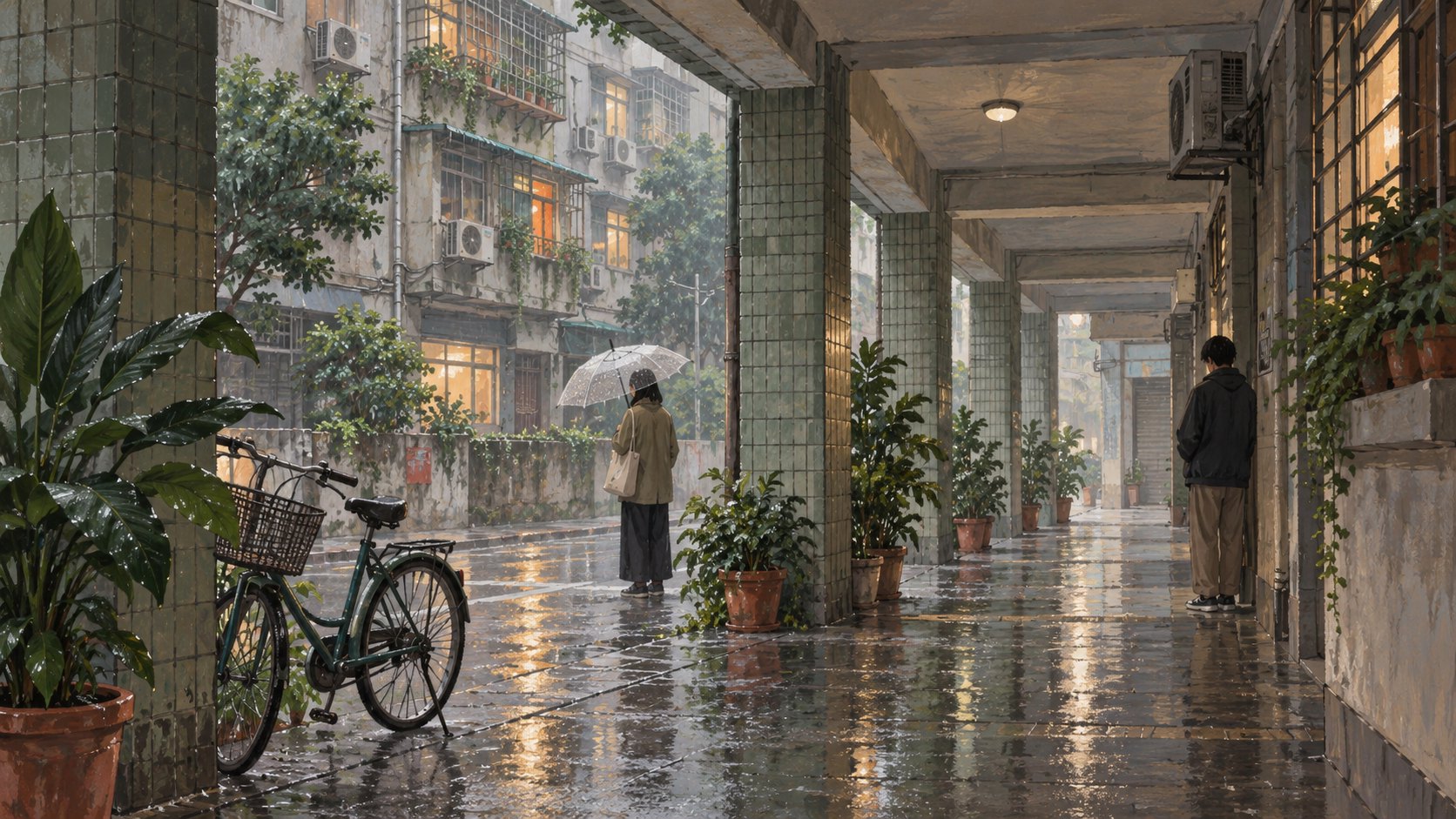 雨天騎樓中的行人、腳踏車與盆栽,以日常空間呈現人物距離的原創情境插畫,非電影劇照。