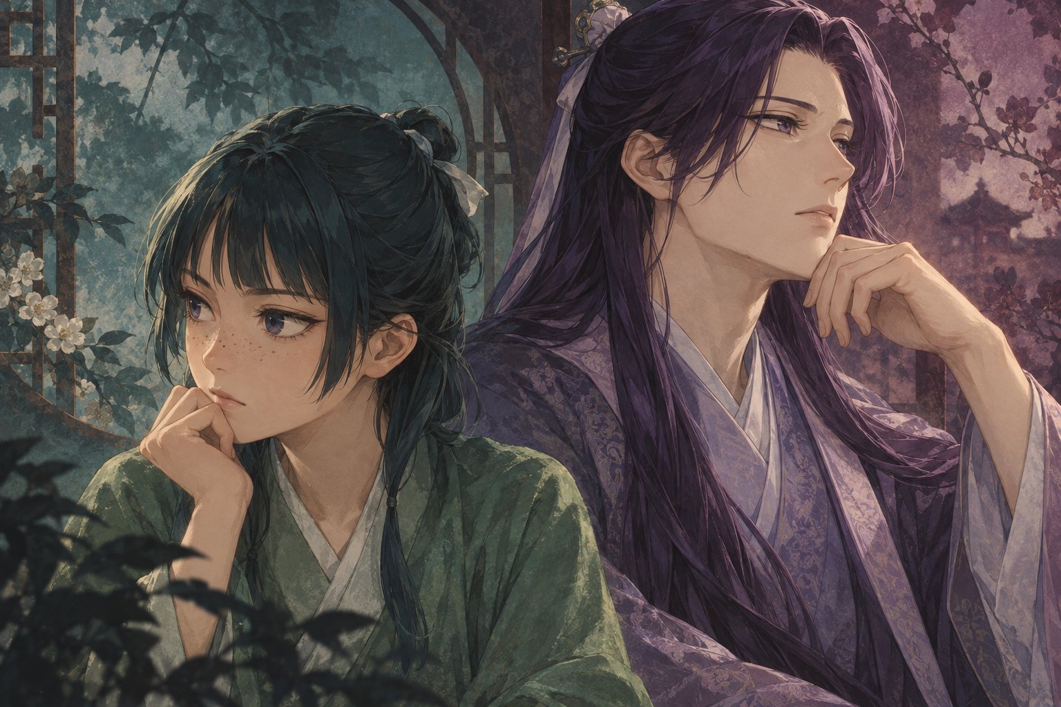 Original editorial illustration of Maomao in green and Jinshi in lavender looking in opposite directions against a painterly background.