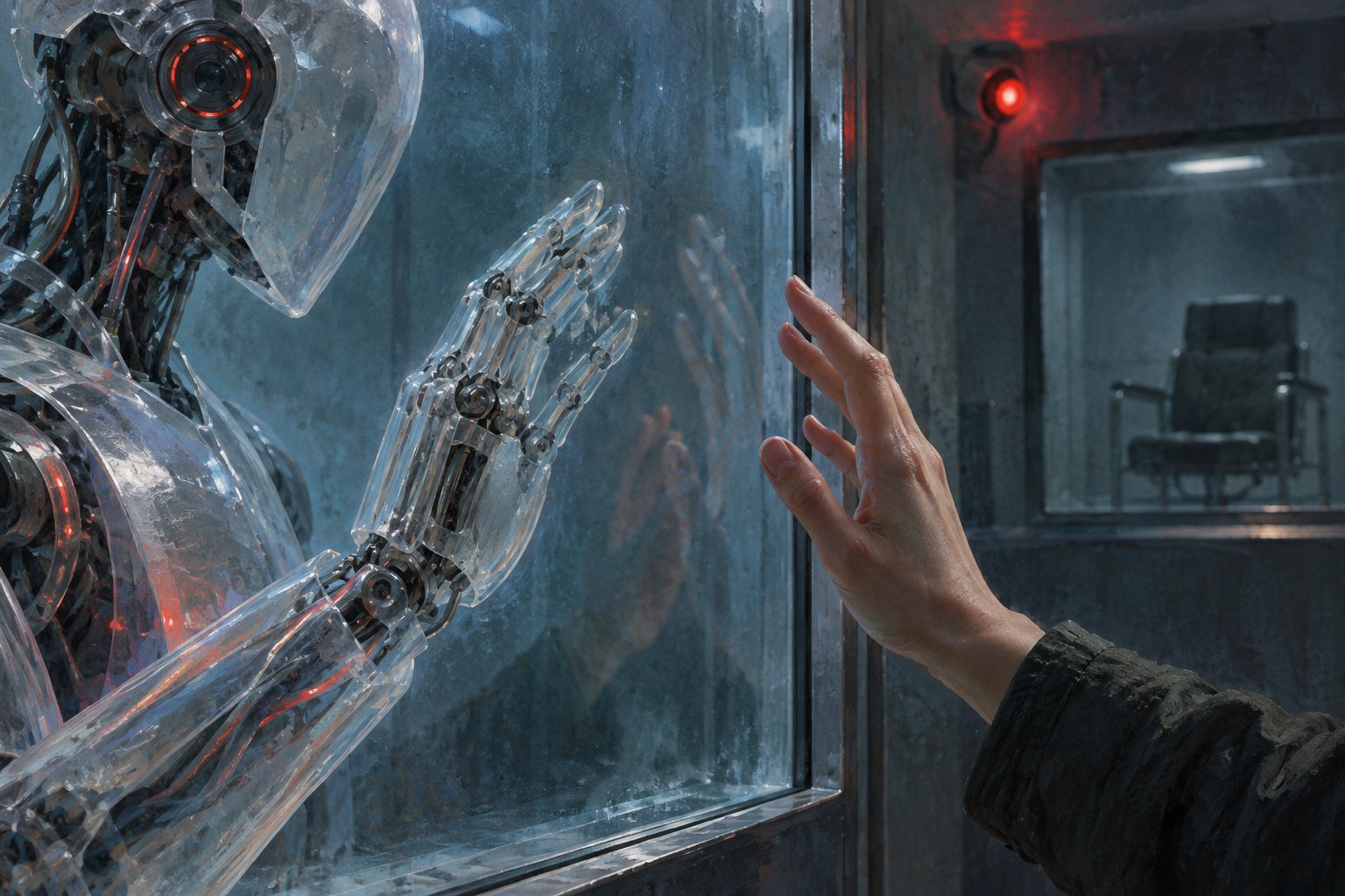 A translucent robot and a human reach toward opposite sides of a glass partition beneath a red security light.
