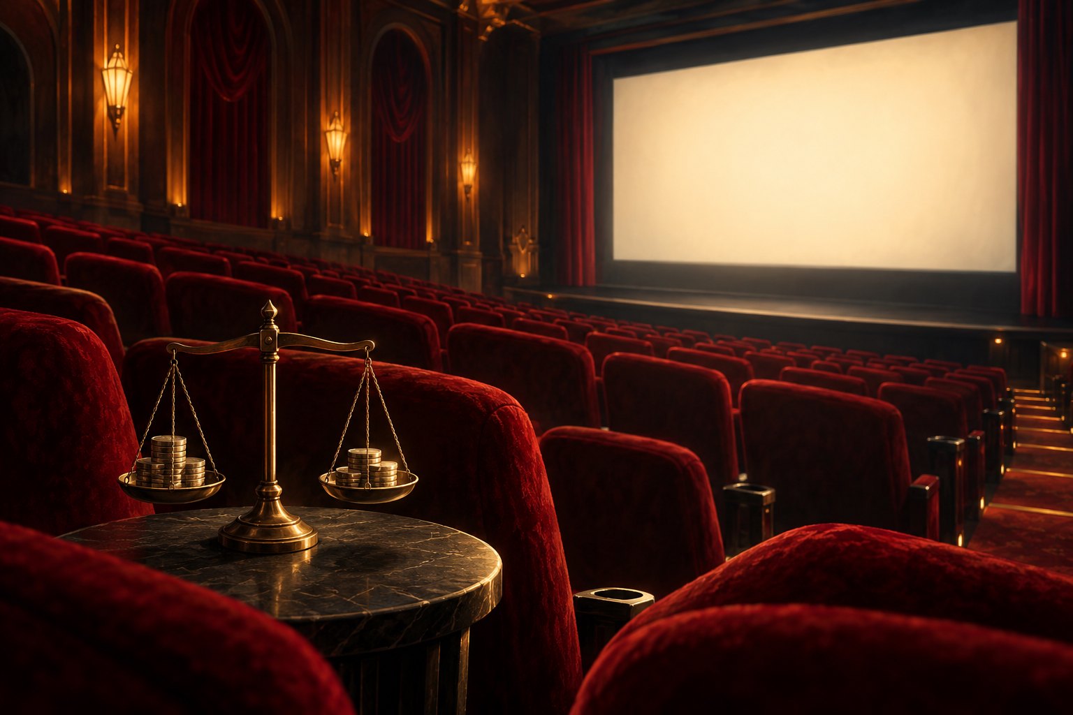 Conceptual illustration of a balance scale holding coins inside an empty cinema with red velvet seats.