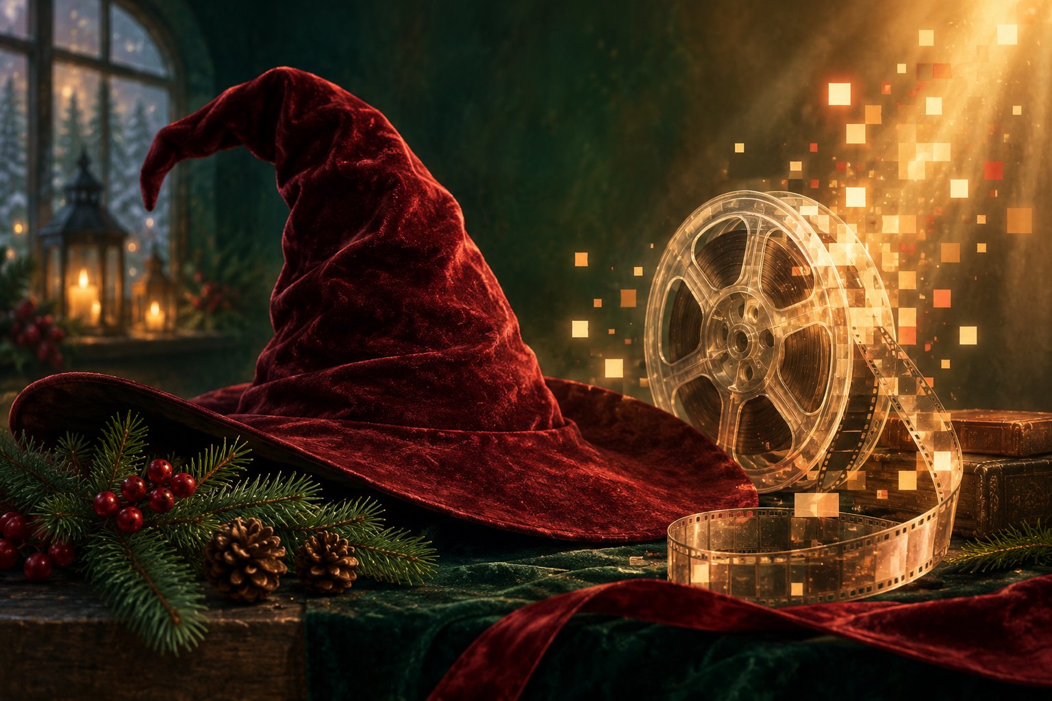 Conceptual illustration of a burgundy witch hat, evergreen branches, and a translucent film reel surrounded by golden pixels.
