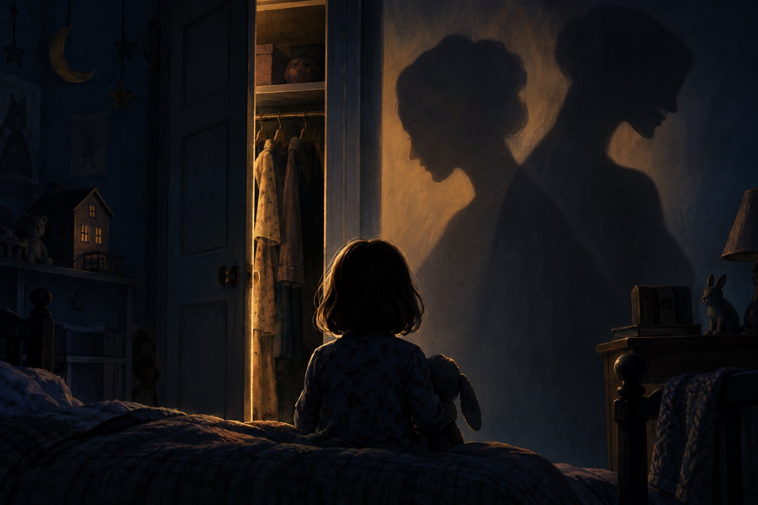 Conceptual illustration of a child sitting beside an open closet as two overlapping maternal shadows loom on the bedroom wall.