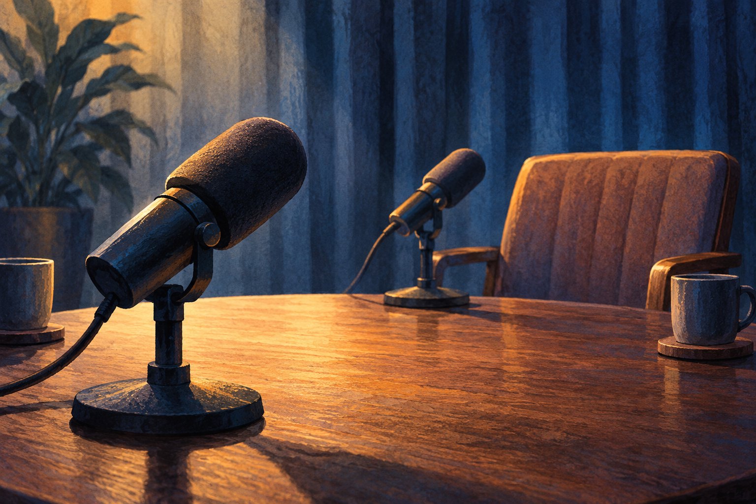 Painterly illustration of two microphones on an interview table beside an empty chair.