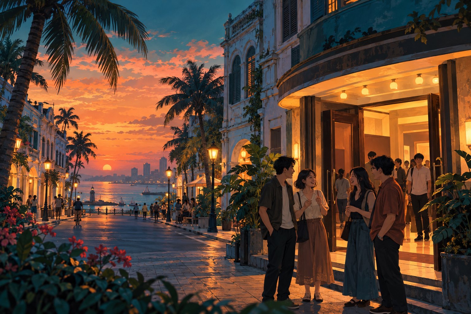 热带骑楼街景中,观众在暮色里的影院门外交谈,概念插画