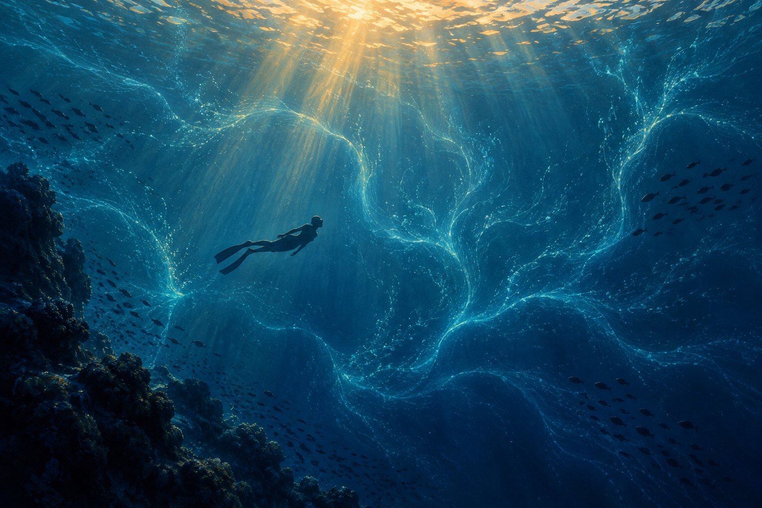 Original illustration of a freediver suspended among luminous blue currents beneath golden surface light.