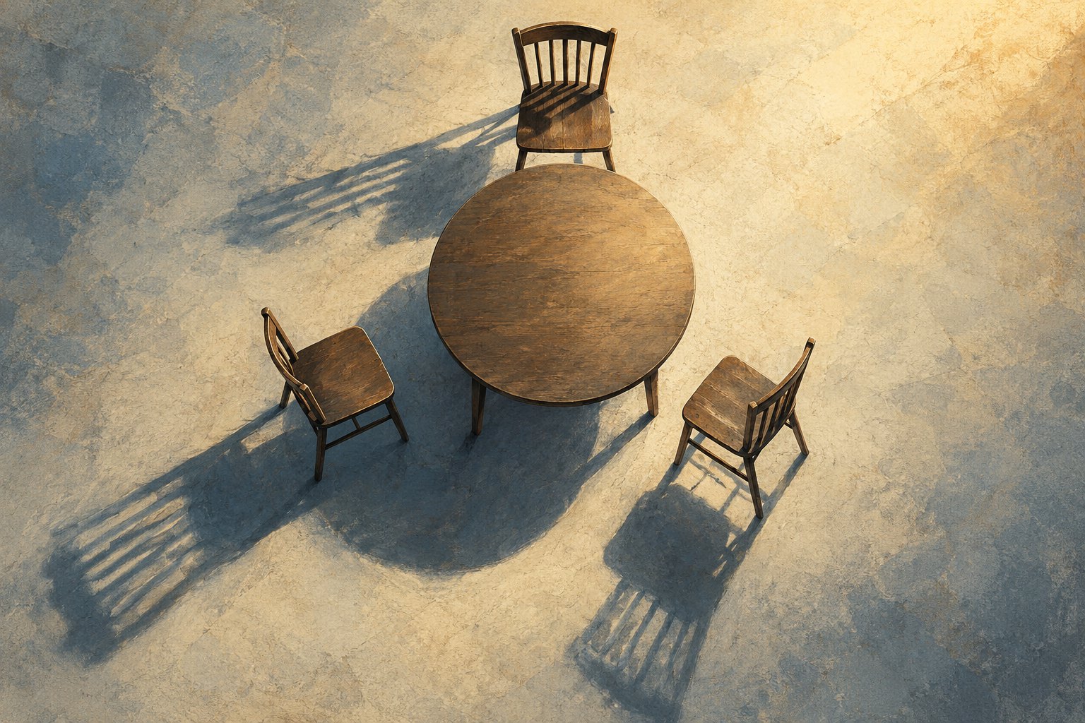 Conceptual overhead illustration of three empty wooden chairs around a round table, casting long shadows.