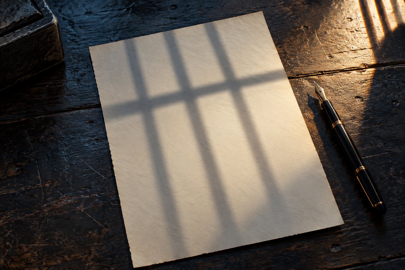 Conceptual illustration of window-bar shadows crossing a blank sheet of paper beside a fountain pen on a worn wooden table.