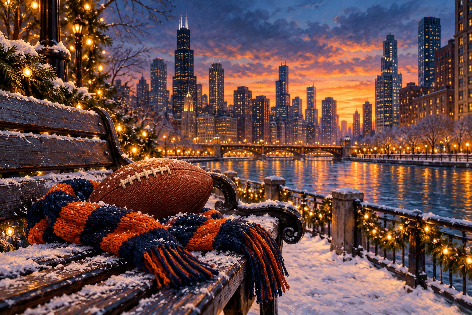 An editorial illustration of a football and navy-and-orange scarf on a snowy bench overlooking Chicago at dusk.