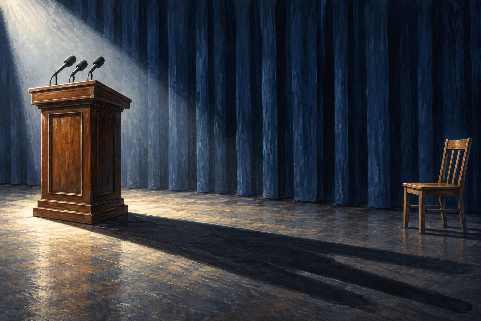 Conceptual illustration of a spotlighted lectern casting a long shadow toward an empty chair beside blue curtains.
