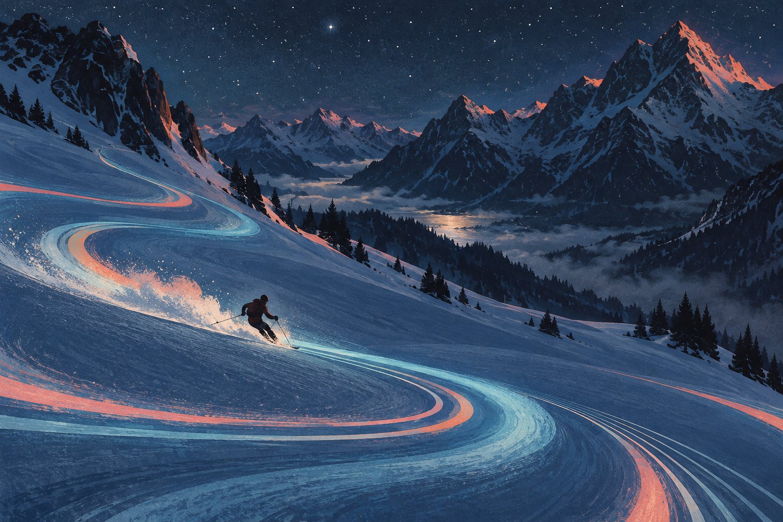 Original illustration of a skier carving through cyan and coral trails beneath a starry alpine sky.
