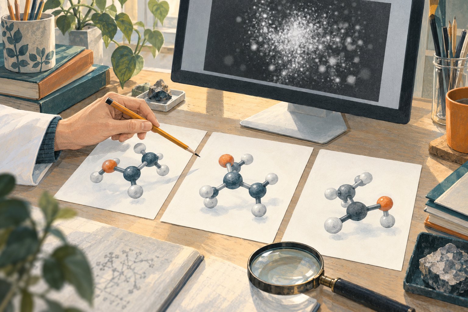 手持铅笔的人对照桌上分子模型图卡与屏幕粒子图,示意科学影像的阅读,不代表本次研究现场