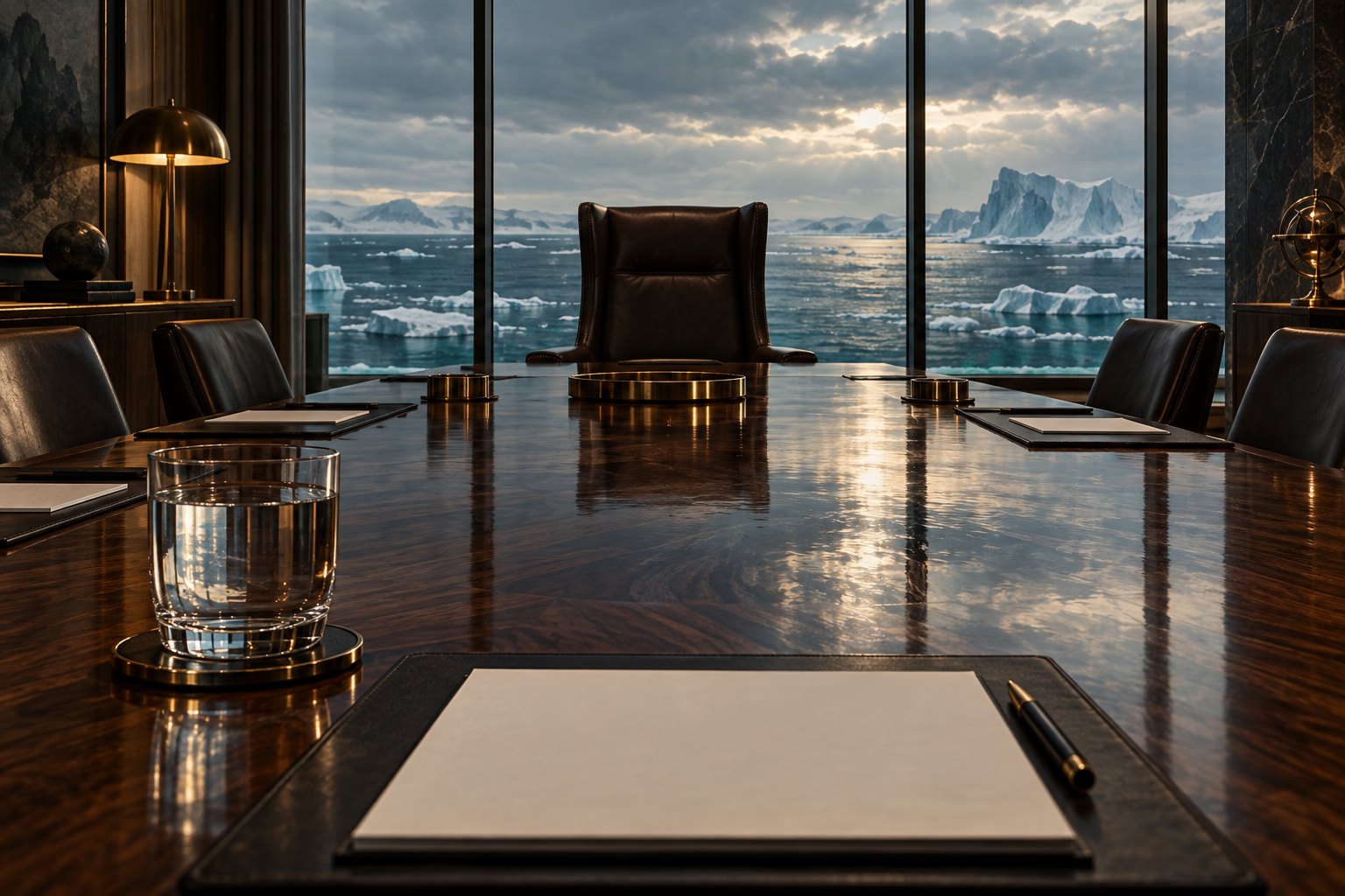 Conceptual illustration of an empty executive conference table overlooking an icy sea.