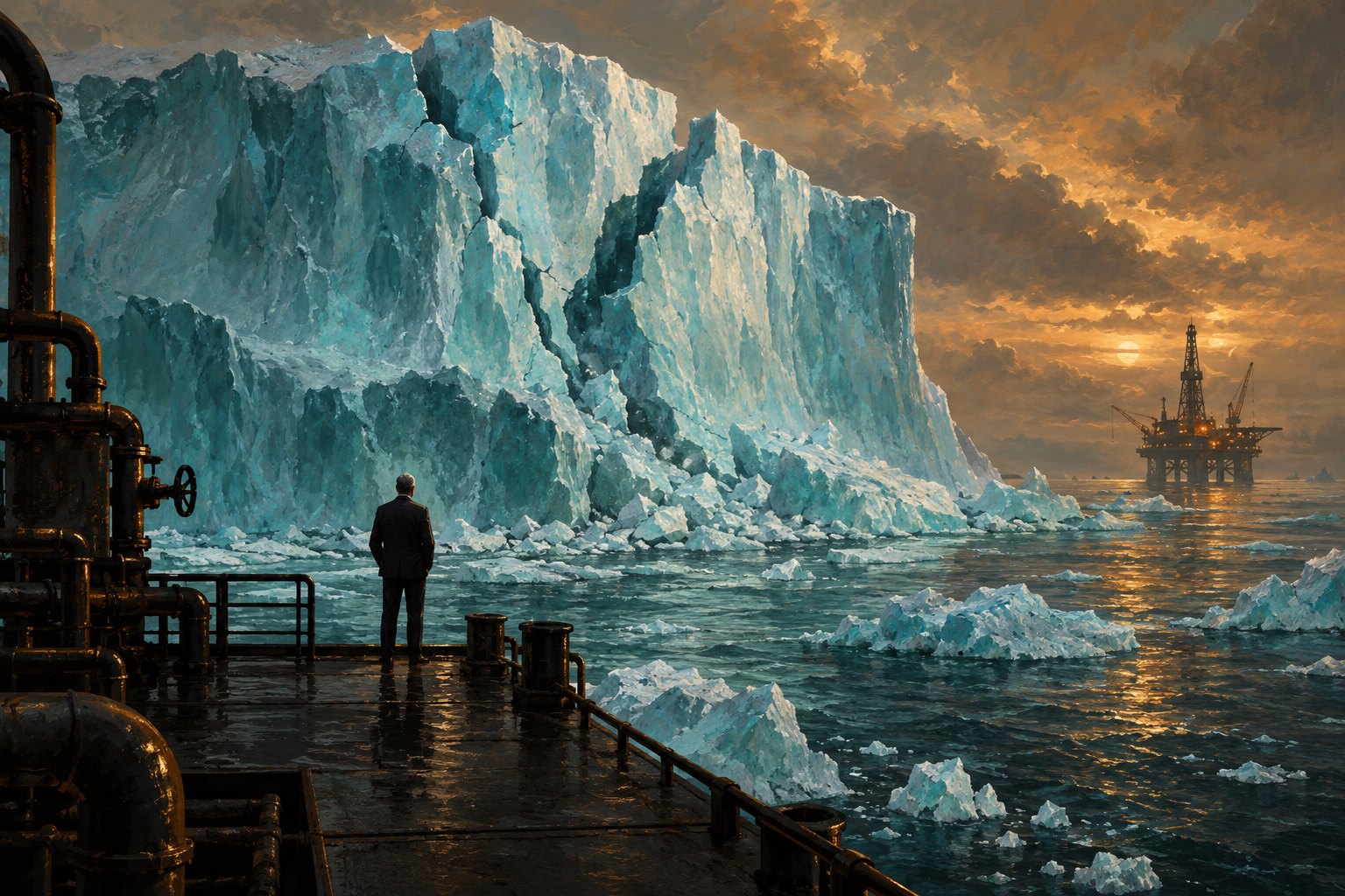 Conceptual illustration of a suited figure facing a fractured Arctic iceberg, with an offshore oil rig in the distance.