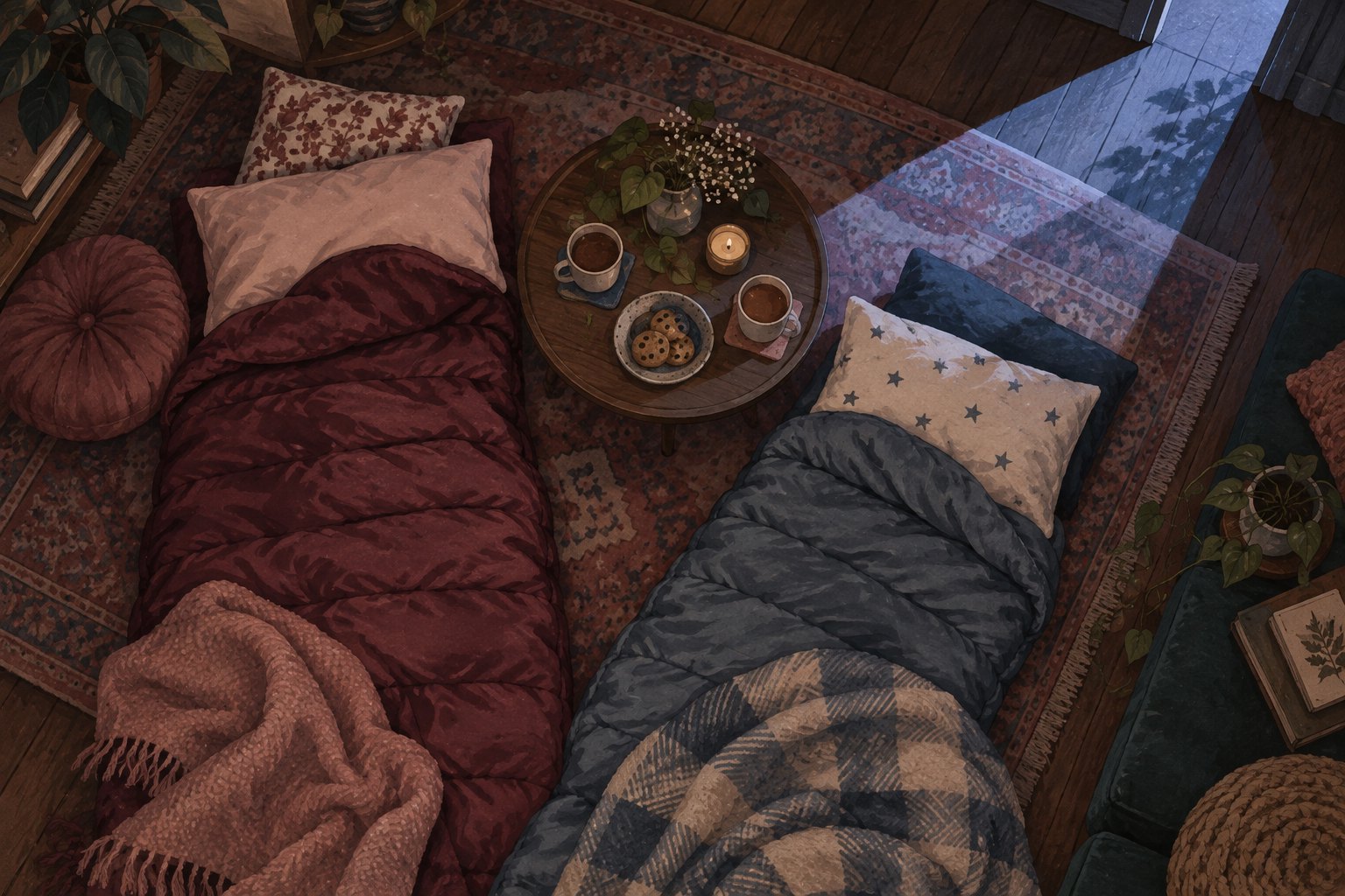 Conceptual illustration of two sleeping bags beside a table with cups, with cool light crossing a warmly furnished room.