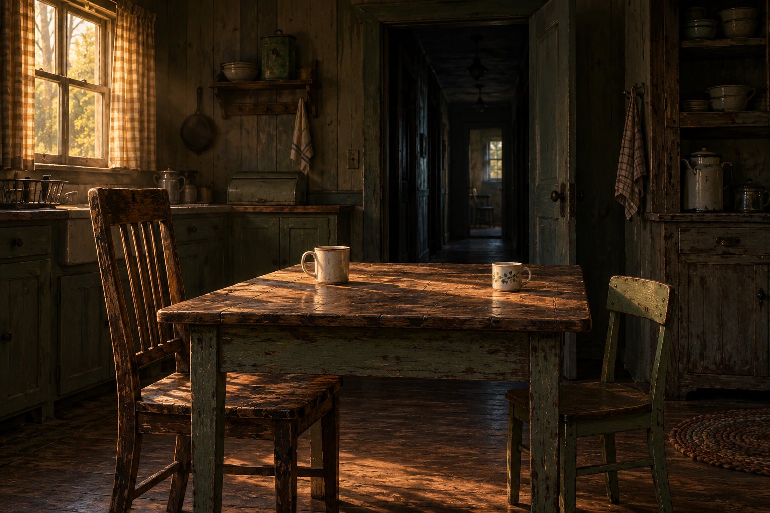 Conceptual illustration of two mismatched chairs and ceramic cups at a worn kitchen table beside a shadowy hallway.
