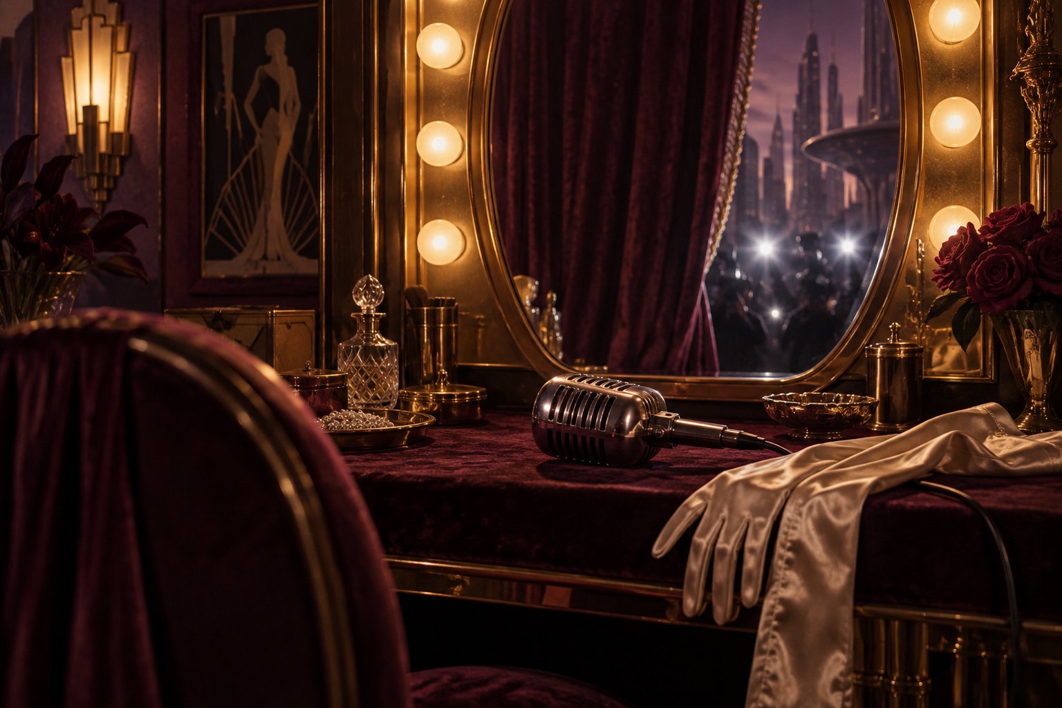Original thematic illustration of a vintage microphone and satin gloves on a dressing-room vanity, with camera flashes reflected in the mirror.