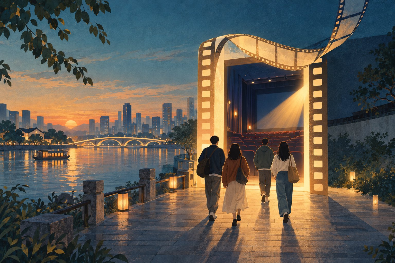 概念插画：暮色中的滨水步道上，观众走向胶片造型的发光剧场入口