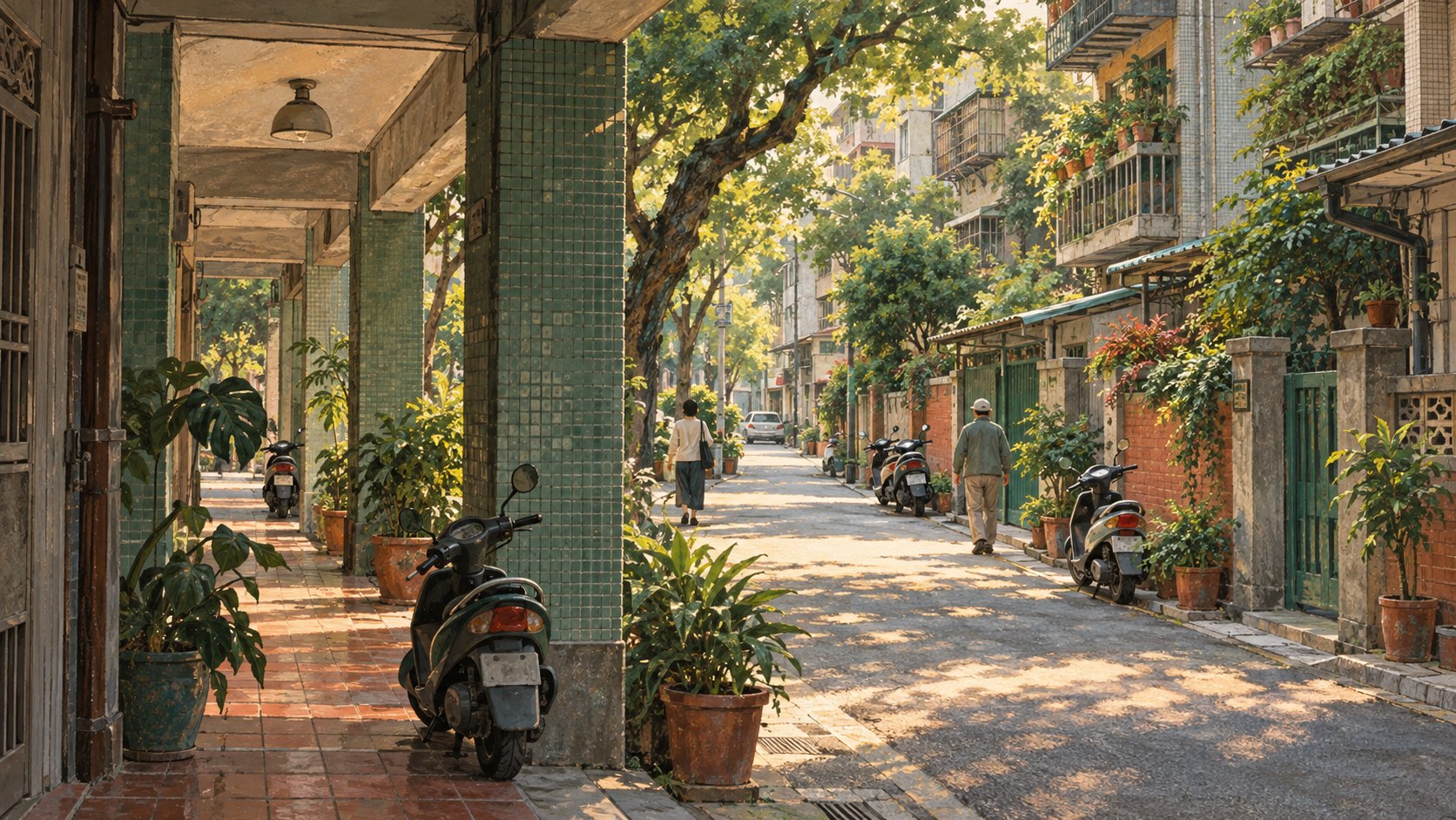 午後陽光灑進騎樓與綠蔭巷弄，行人走過停有機車的街道，原創概念插畫，非電影取景紀錄。