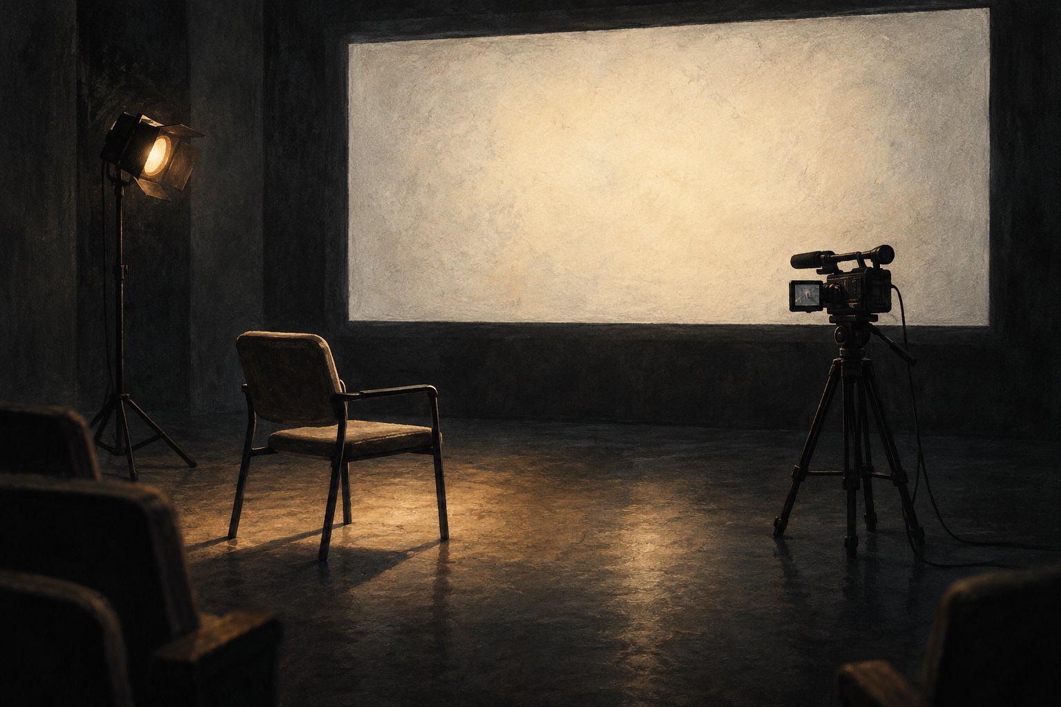 Conceptual illustration of an empty interview chair and documentary camera facing a glowing blank cinema screen.