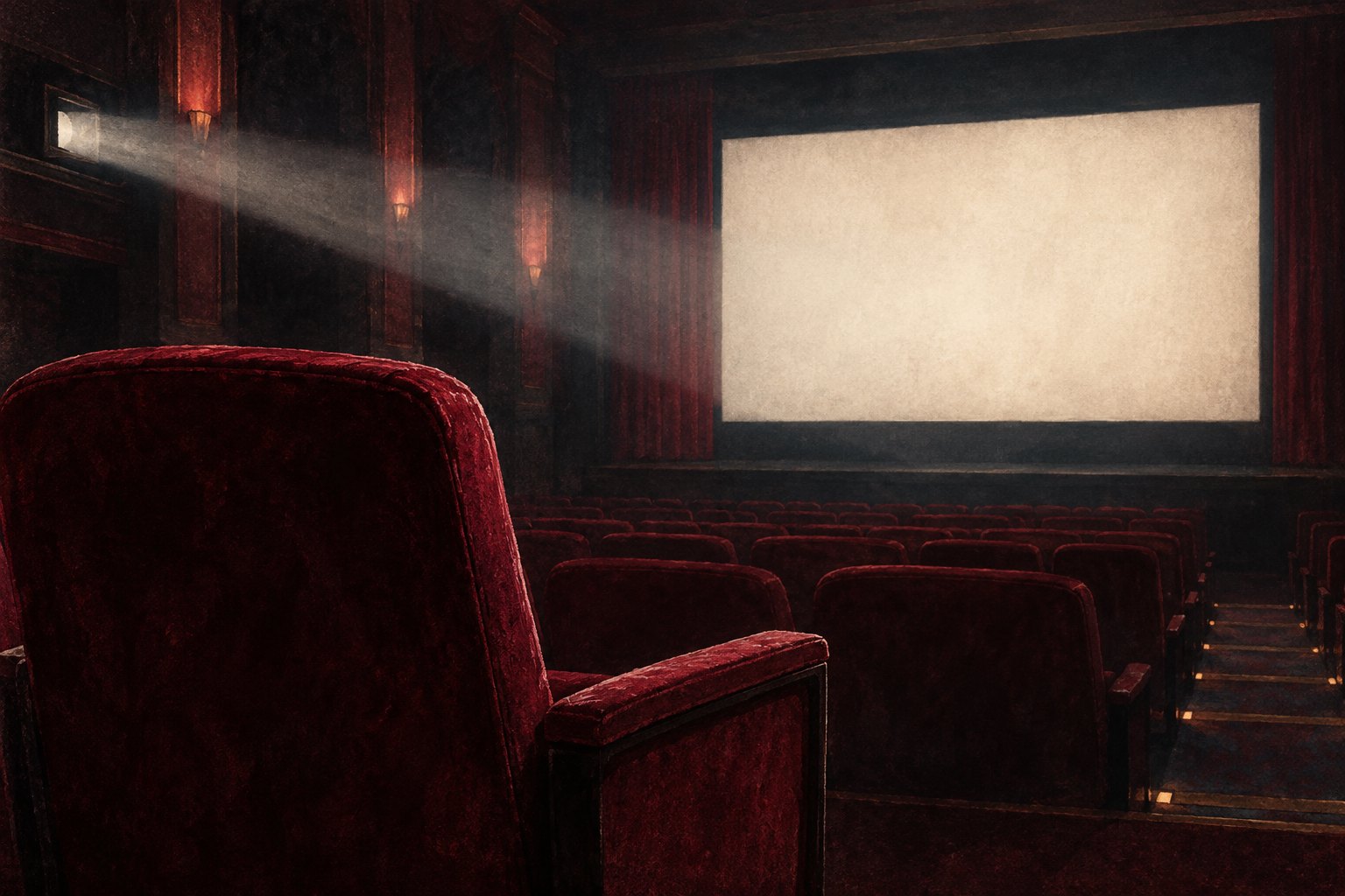 Conceptual illustration of empty red cinema seats facing a blank screen beneath a beam of projection light.