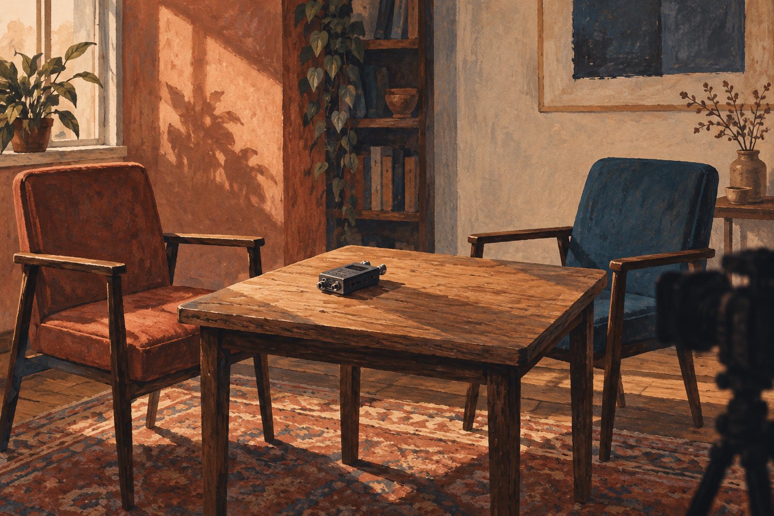 Editorial illustration of two empty interview chairs and an audio recorder on a wooden table in warm window light.