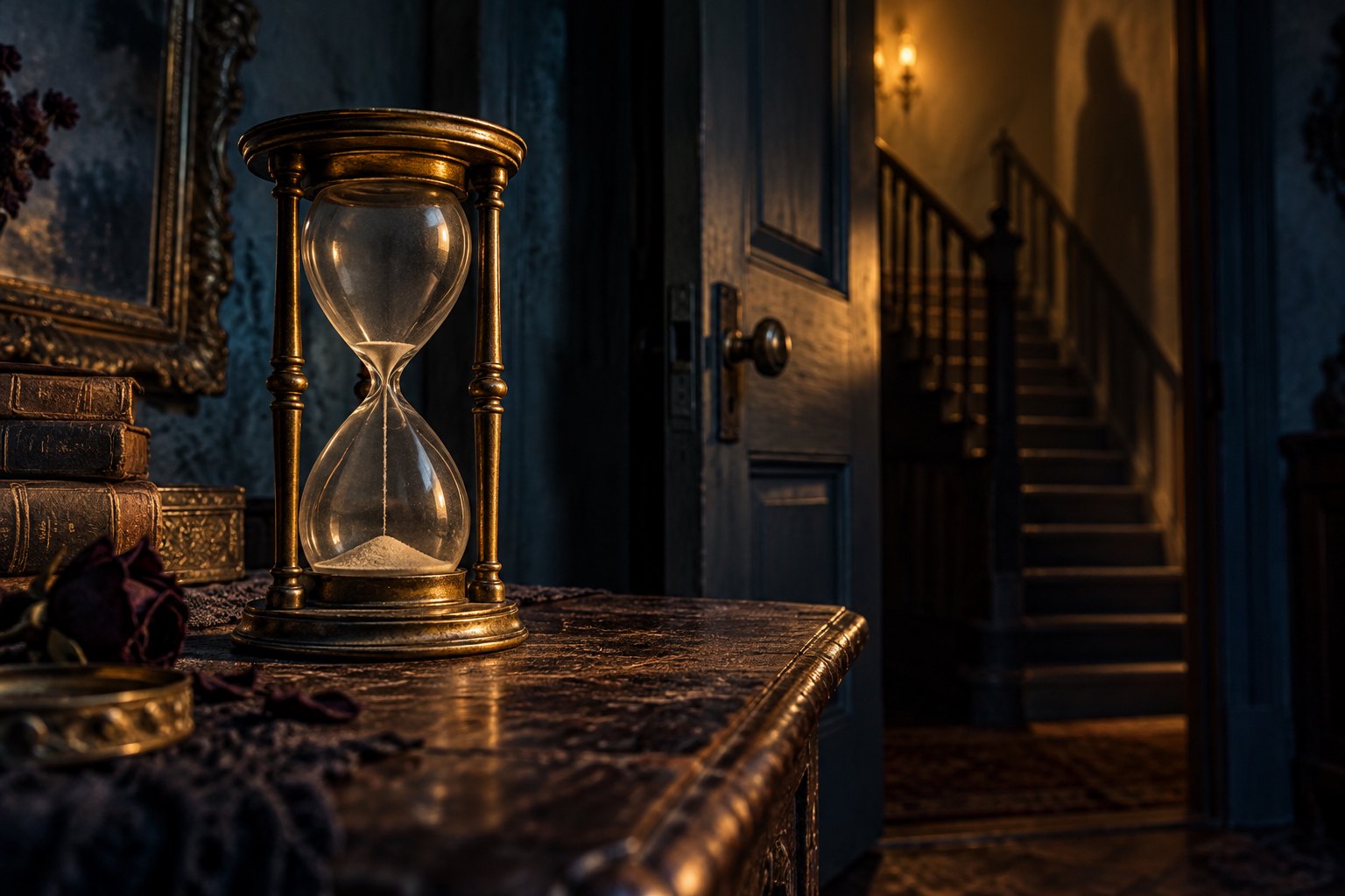 A brass hourglass rests on a wooden table beside an open doorway revealing a shadowy staircase.