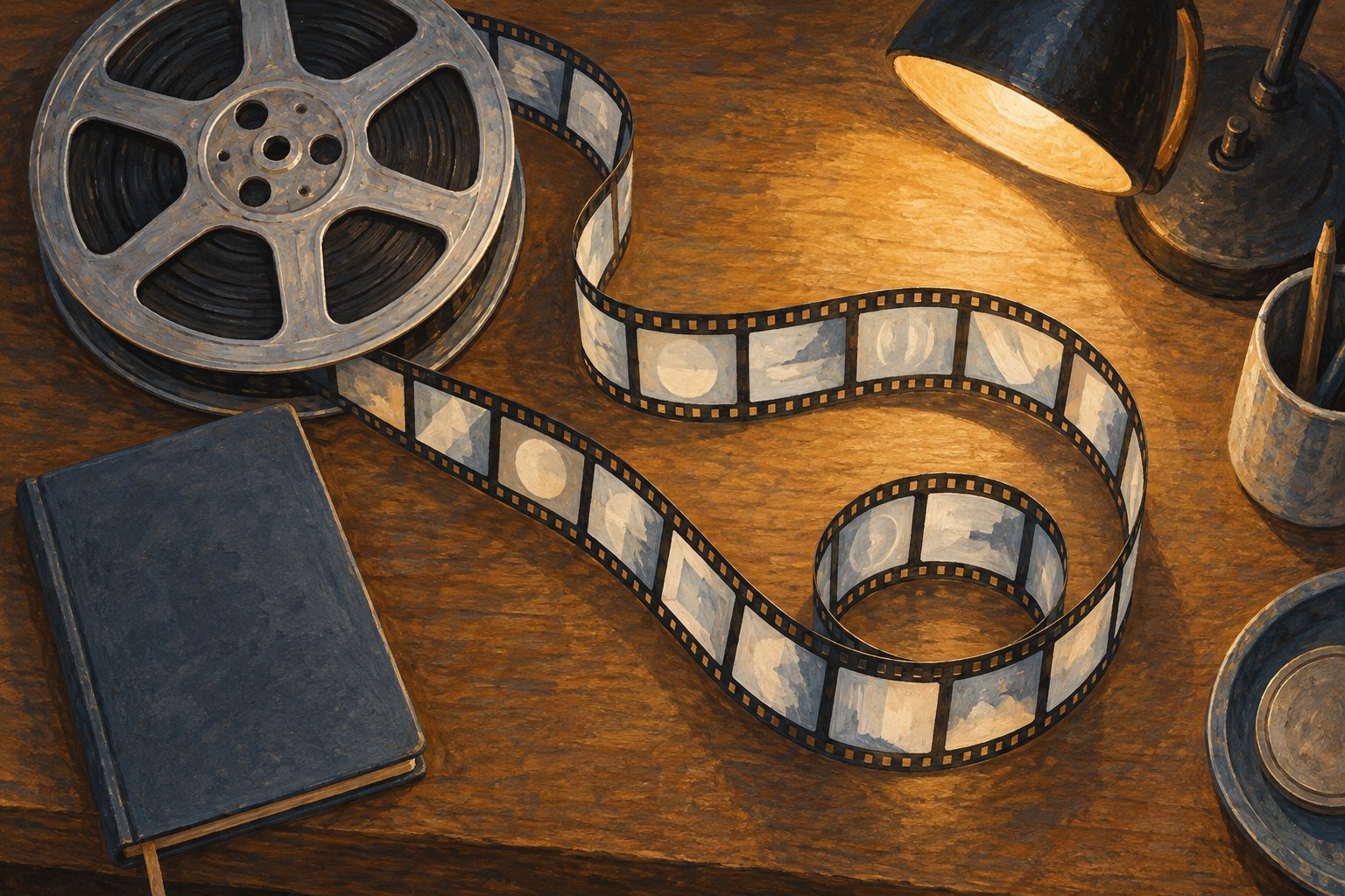Editorial illustration of a film reel, abstract filmstrip, closed notebook, and desk lamp on a wooden editing desk.