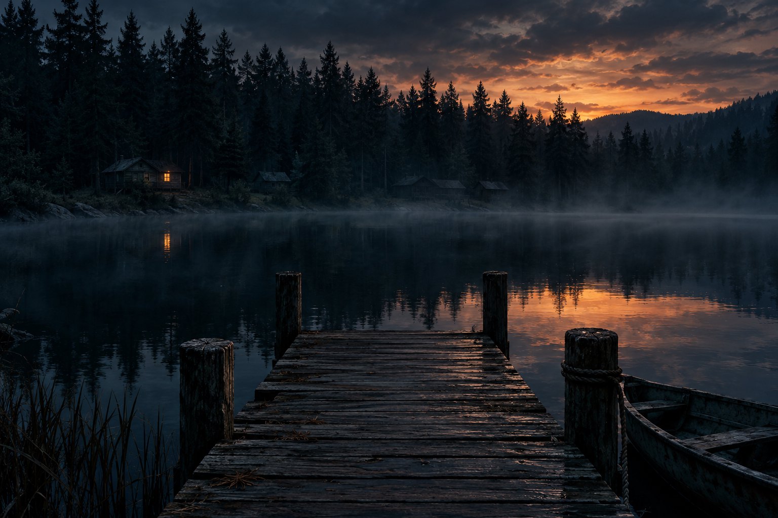 Conceptual illustration of an empty wooden dock extending into a misty lake beneath dark pines, with a distant cabin window glowing.