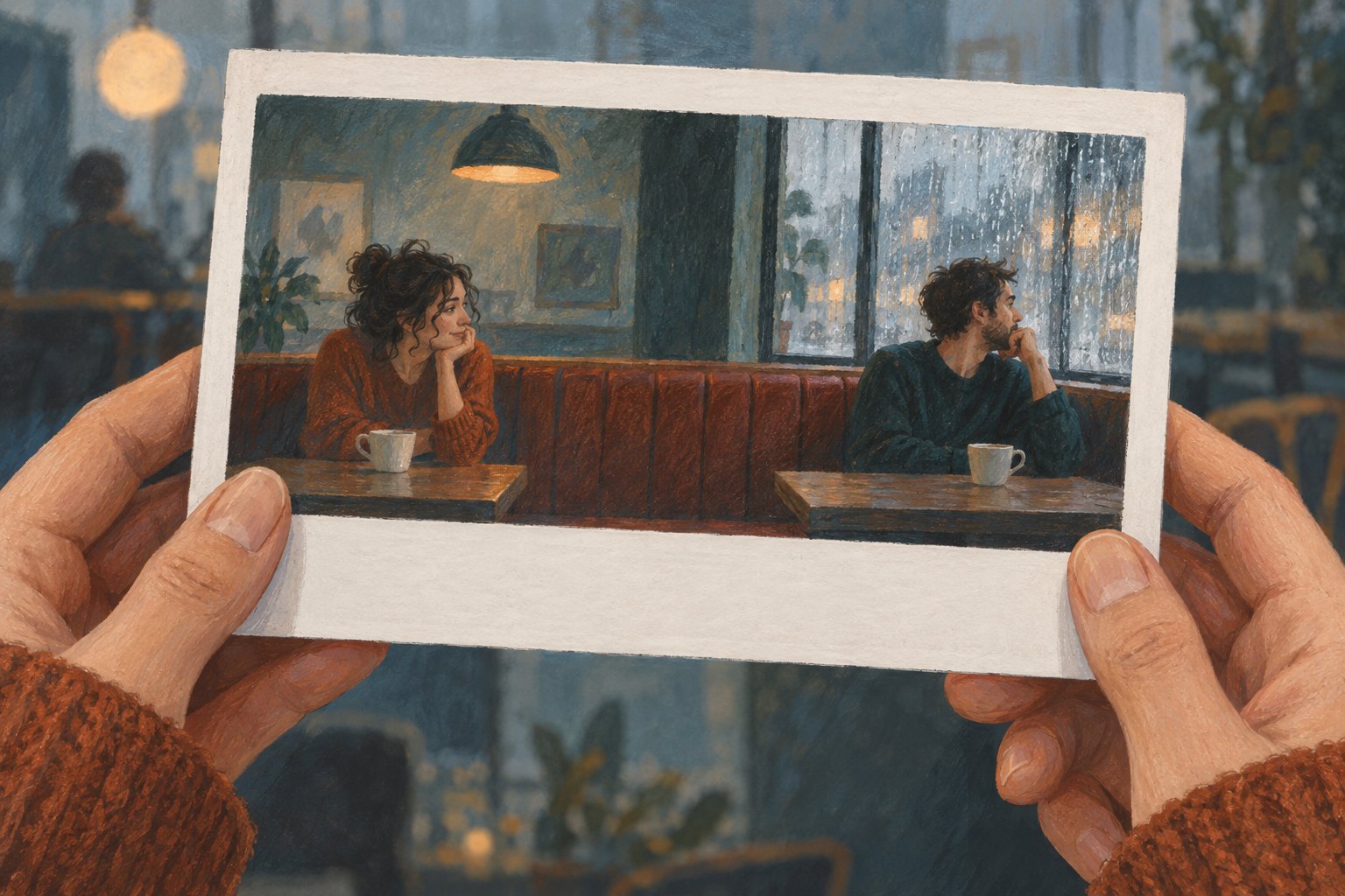 Illustration of hands holding a wide instant photograph of two people sitting apart in a cafe.