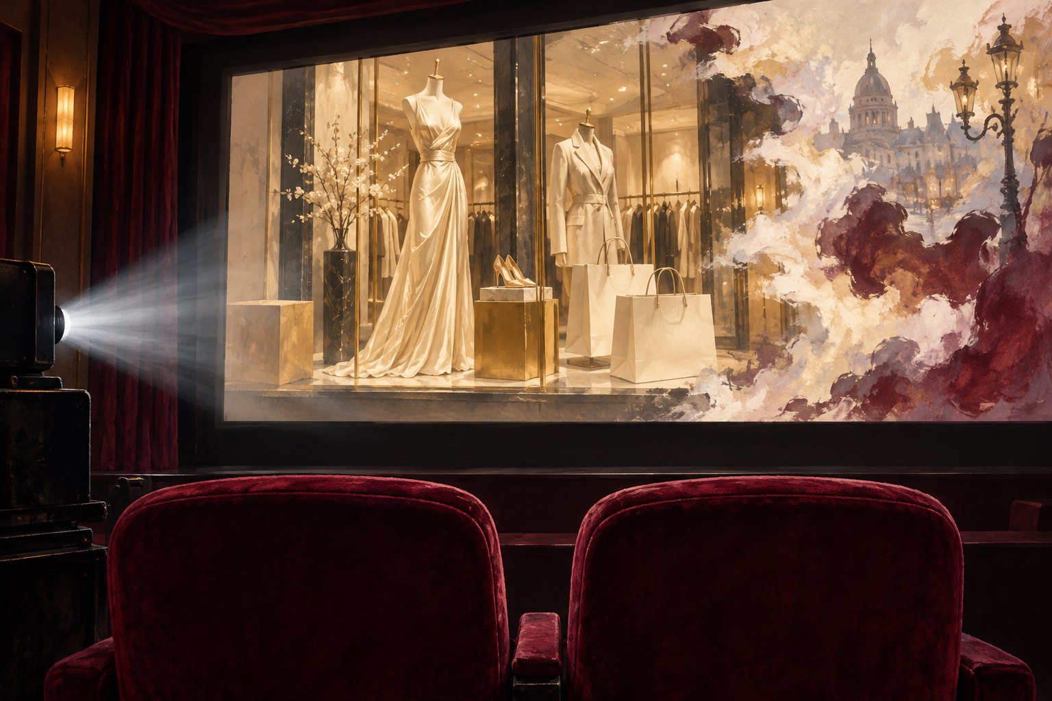 Conceptual illustration of empty burgundy cinema seats facing a boutique display that dissolves into painterly shapes.