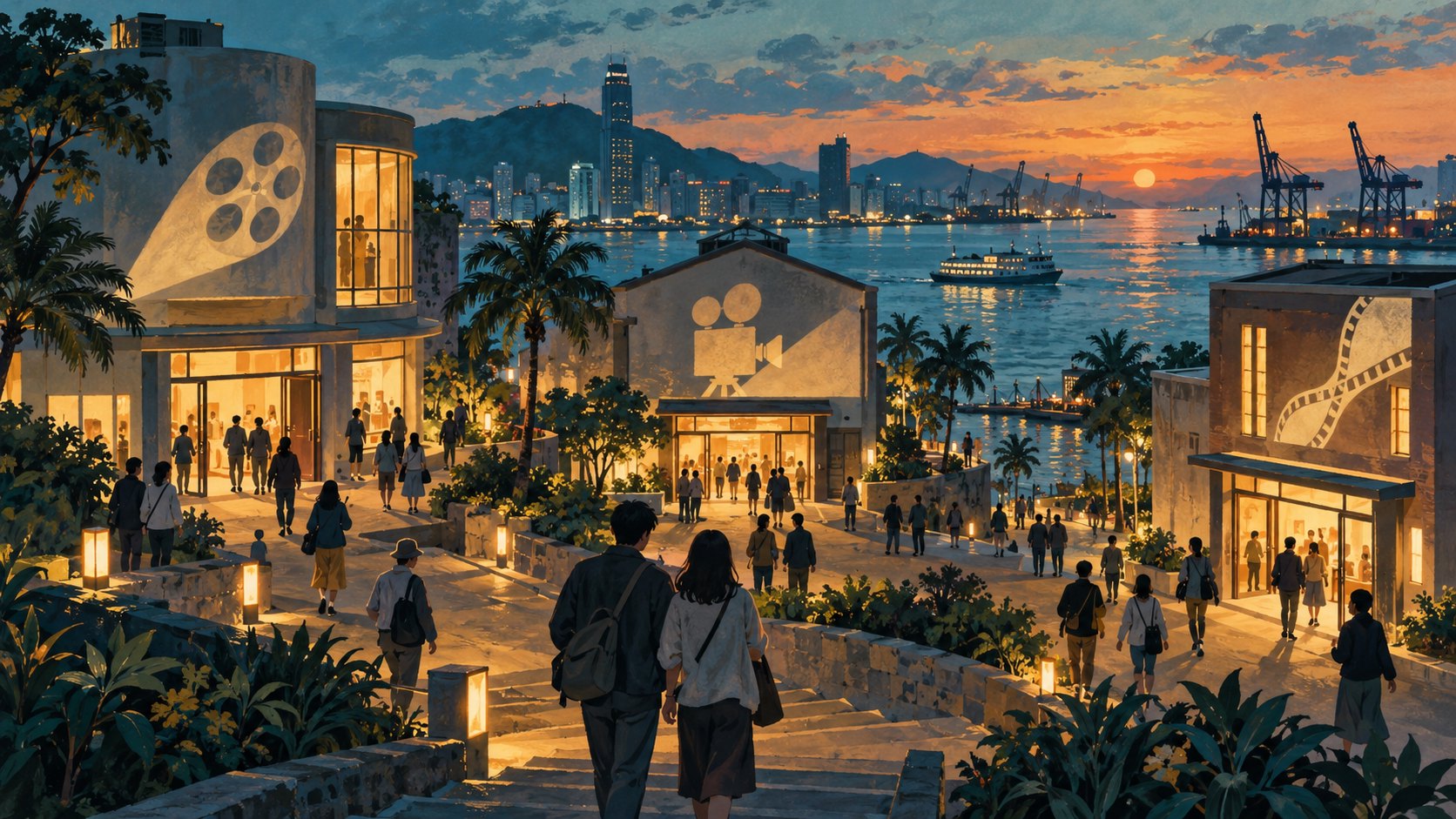 港灣暮色中,觀眾步行穿梭數座亮起暖光的想像電影院,呈現多展館觀影的概念插畫