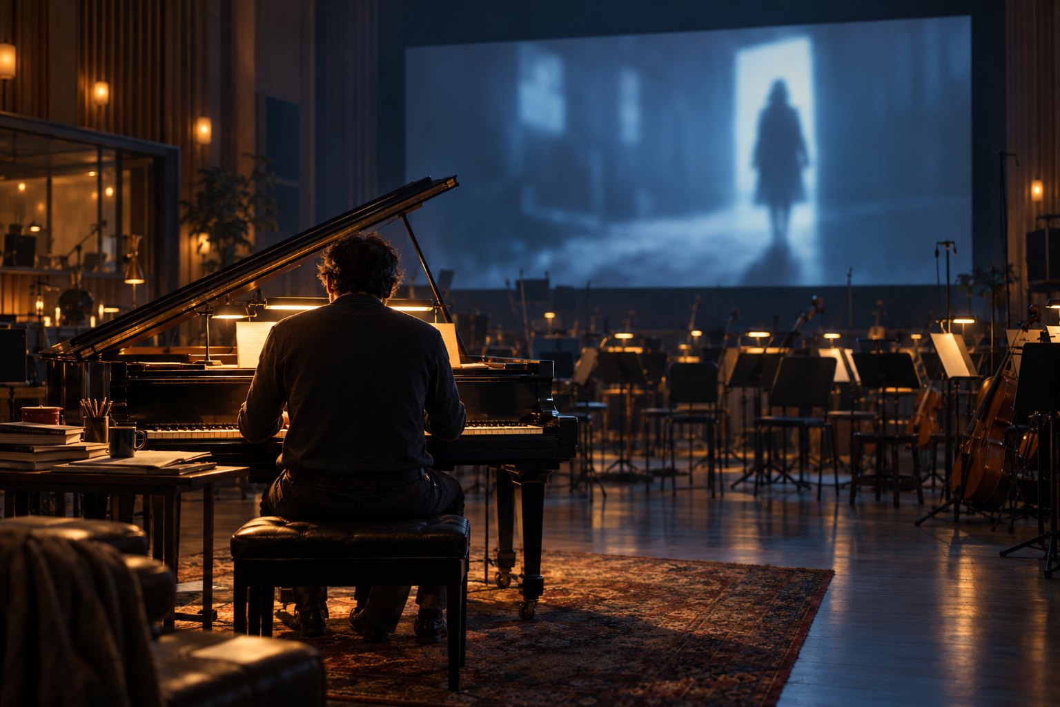 Conceptual illustration of a composer at a grand piano facing empty orchestra chairs and a screen showing a silhouetted figure.