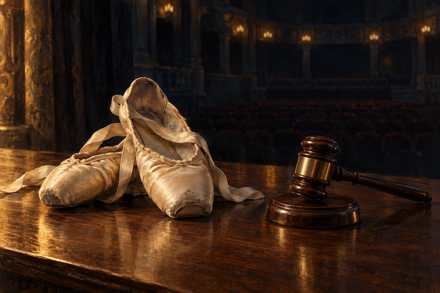 Conceptual illustration of worn cream ballet shoes and an auction gavel on a wooden table inside a dark theater.