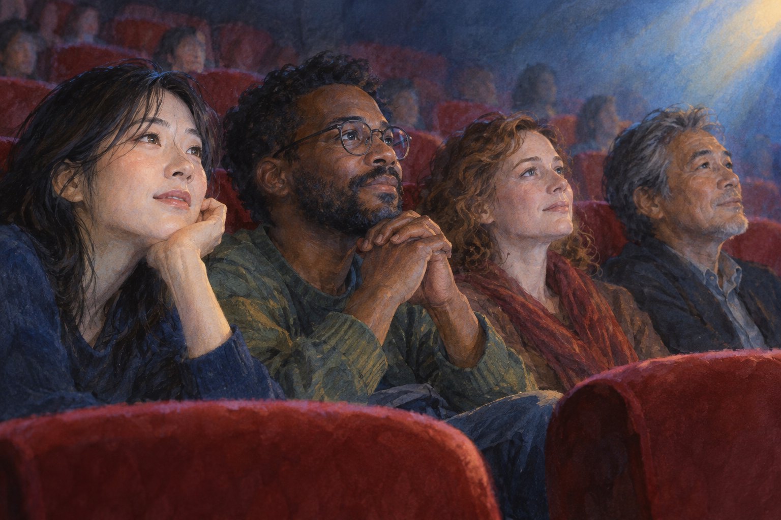跨文化观影主题插画:不同年龄与肤色的观众在影院中安静注视银幕