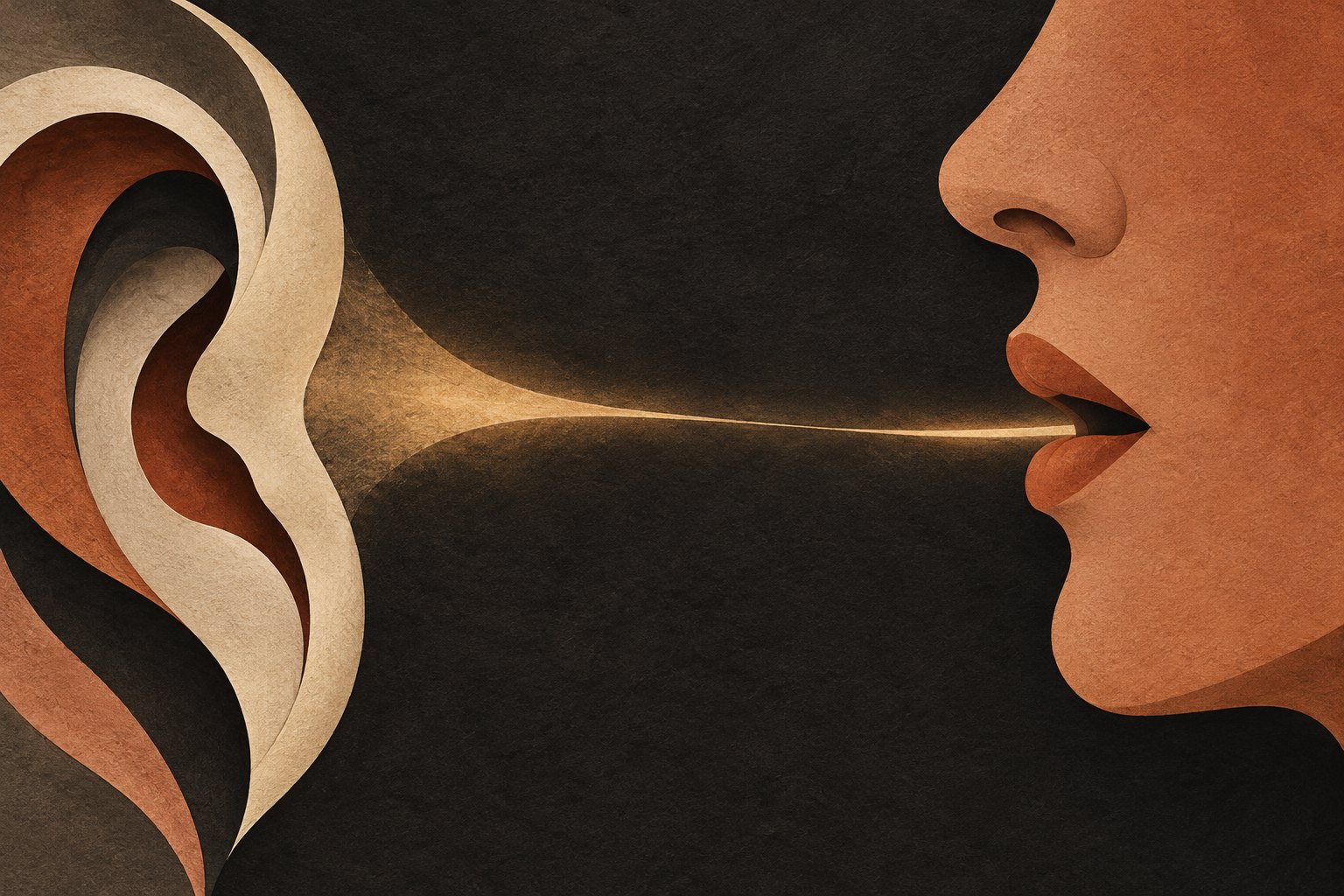 Conceptual illustration of an anonymous speaker facing an abstract listening ear across a narrow beam of light.