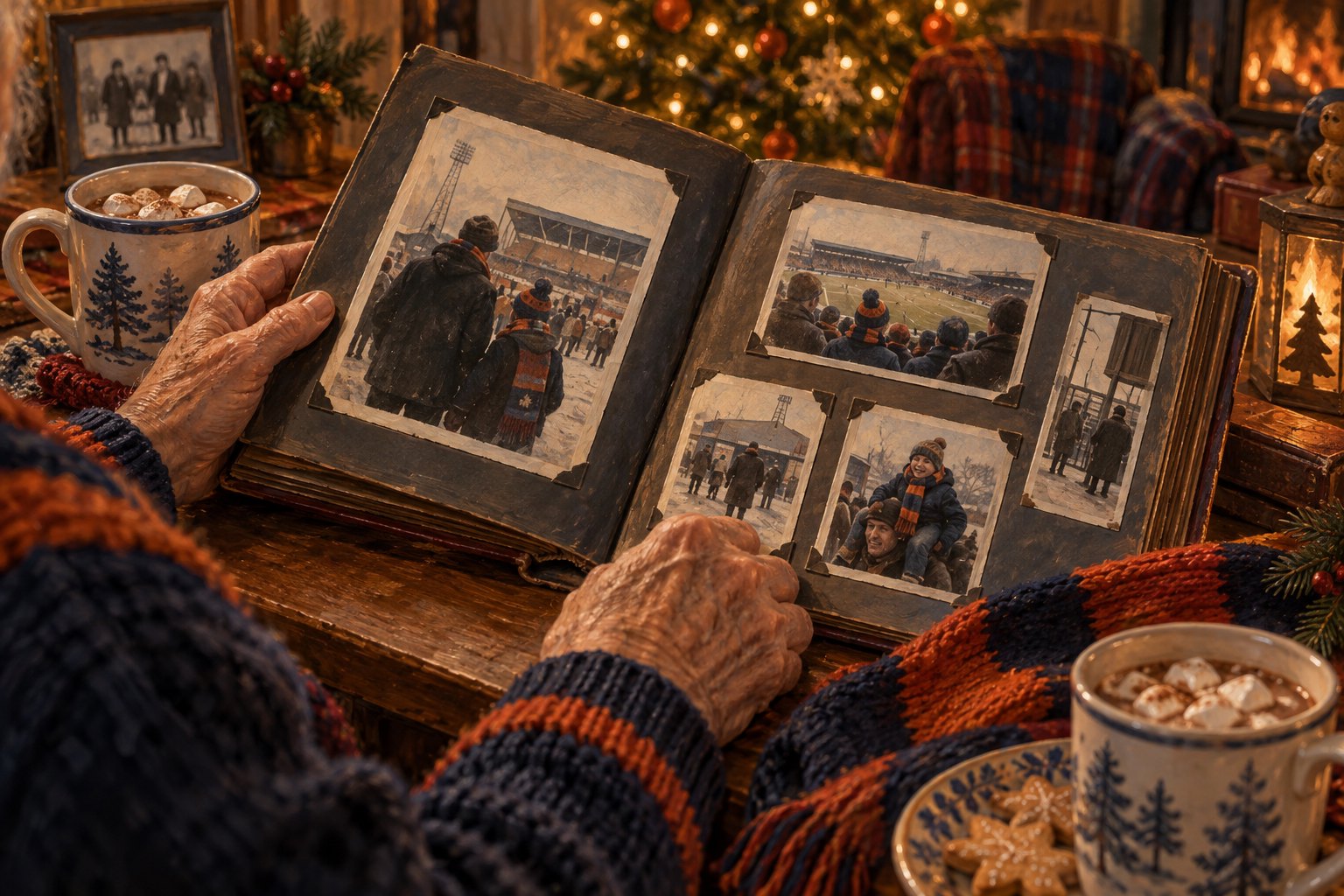 A conceptual illustration of older hands holding a family football photo album beside cocoa mugs and Christmas lights.