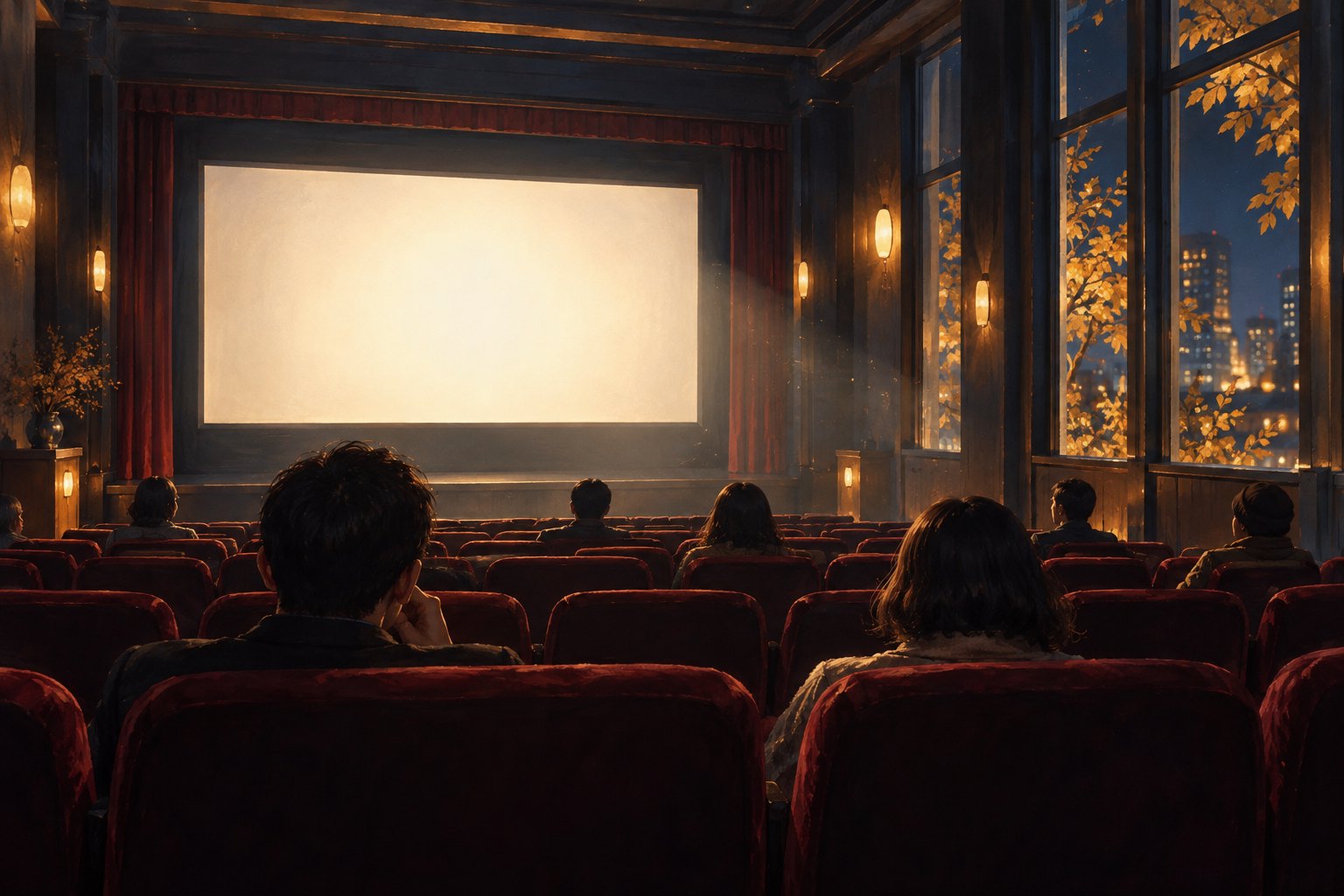 秋夜影院主题插画:观众坐在红色座椅间等待放映,窗外金黄树叶映着暖光