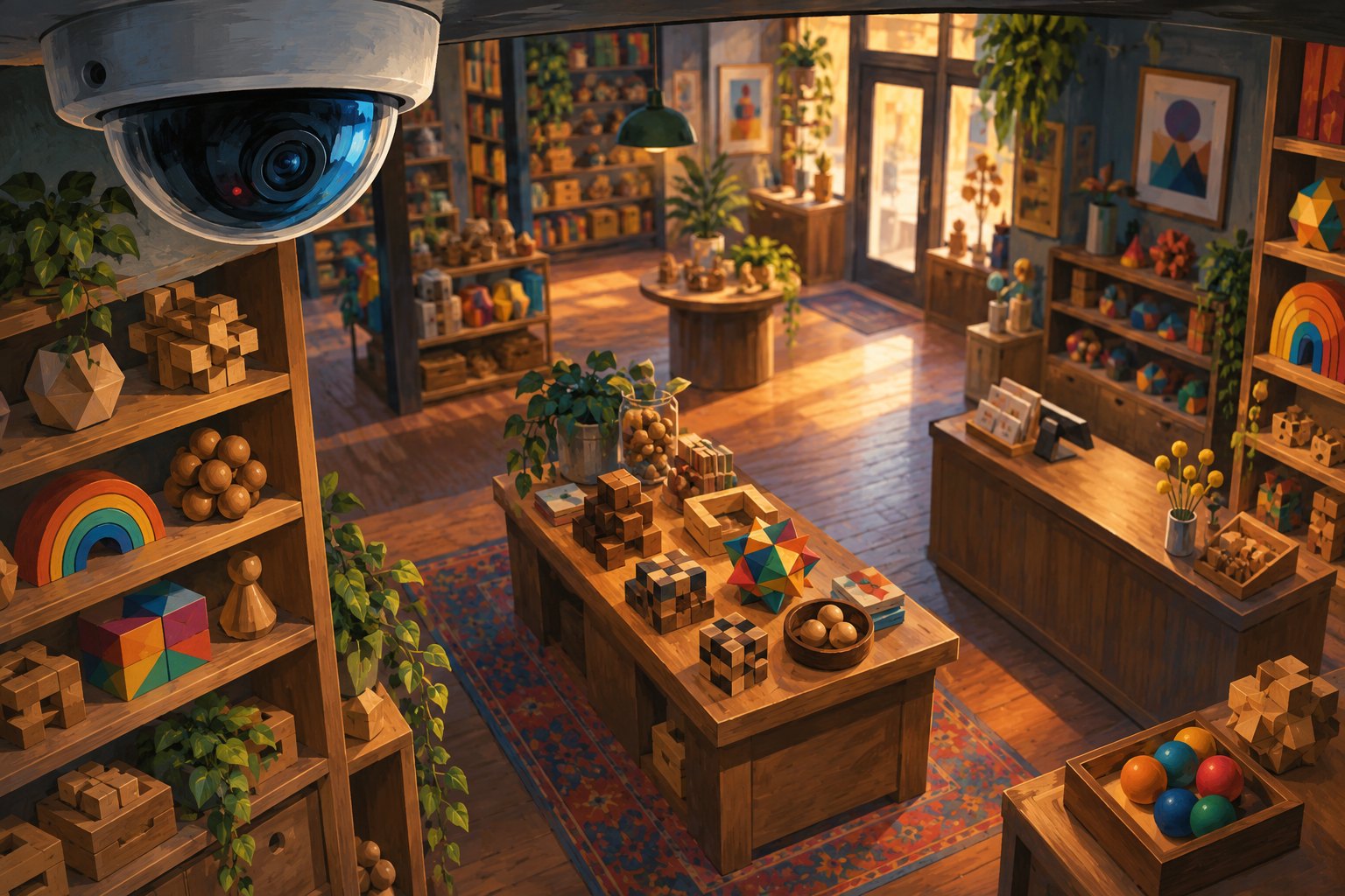 Conceptual illustration of a security camera overlooking a warmly lit toy shop filled with wooden puzzles.