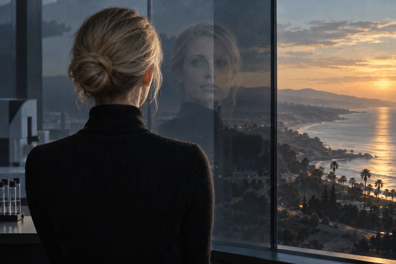 Conceptual illustration of a blonde woman facing her reflection in a window above a coastal landscape at sunset.
