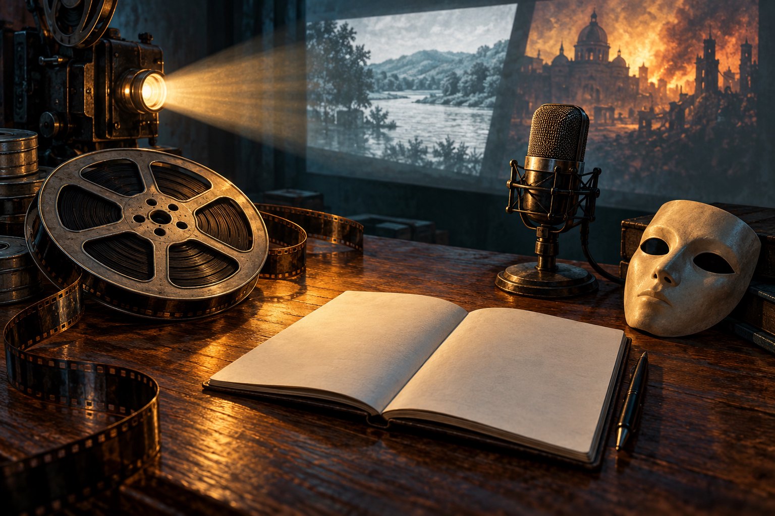 Conceptual illustration of a film reel, microphone, blank notebook, and theatrical mask illuminated by a projector.