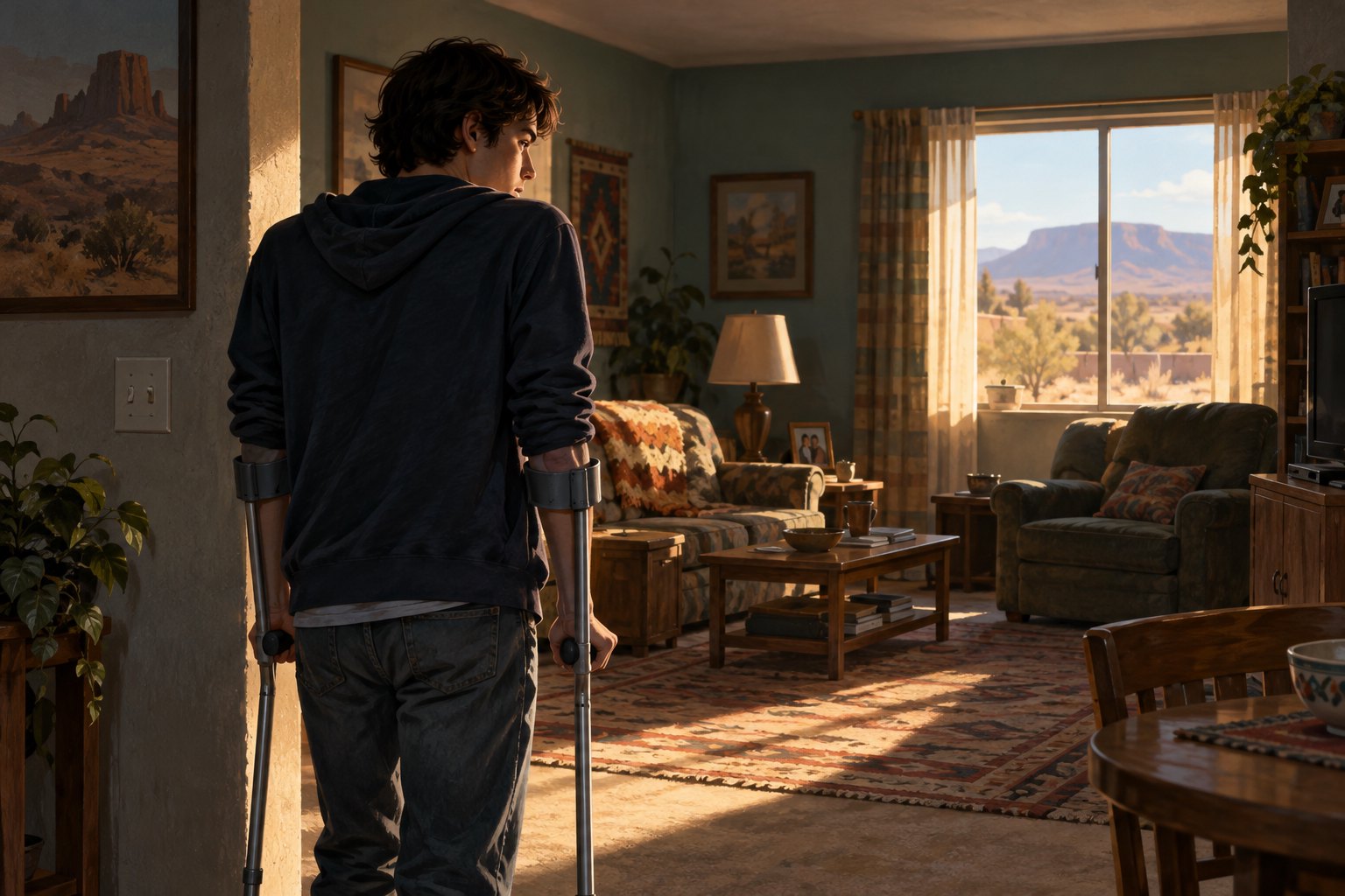 Conceptual illustration of a young man with forearm crutches standing in a sunlit Southwestern living room.