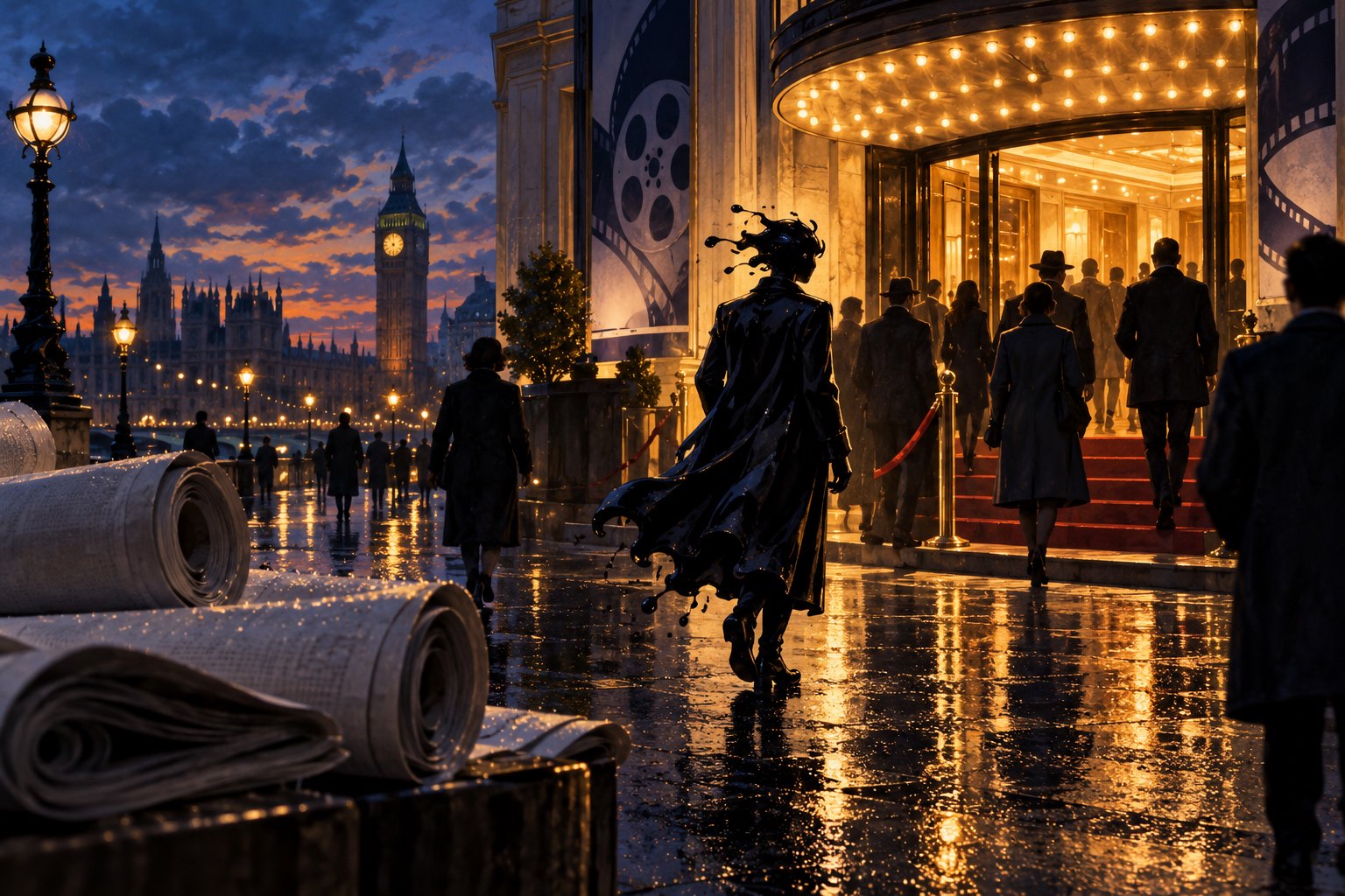 Editorial illustration of audiences entering a warmly lit London cinema beside rolls of blank newsprint on a rainy evening.