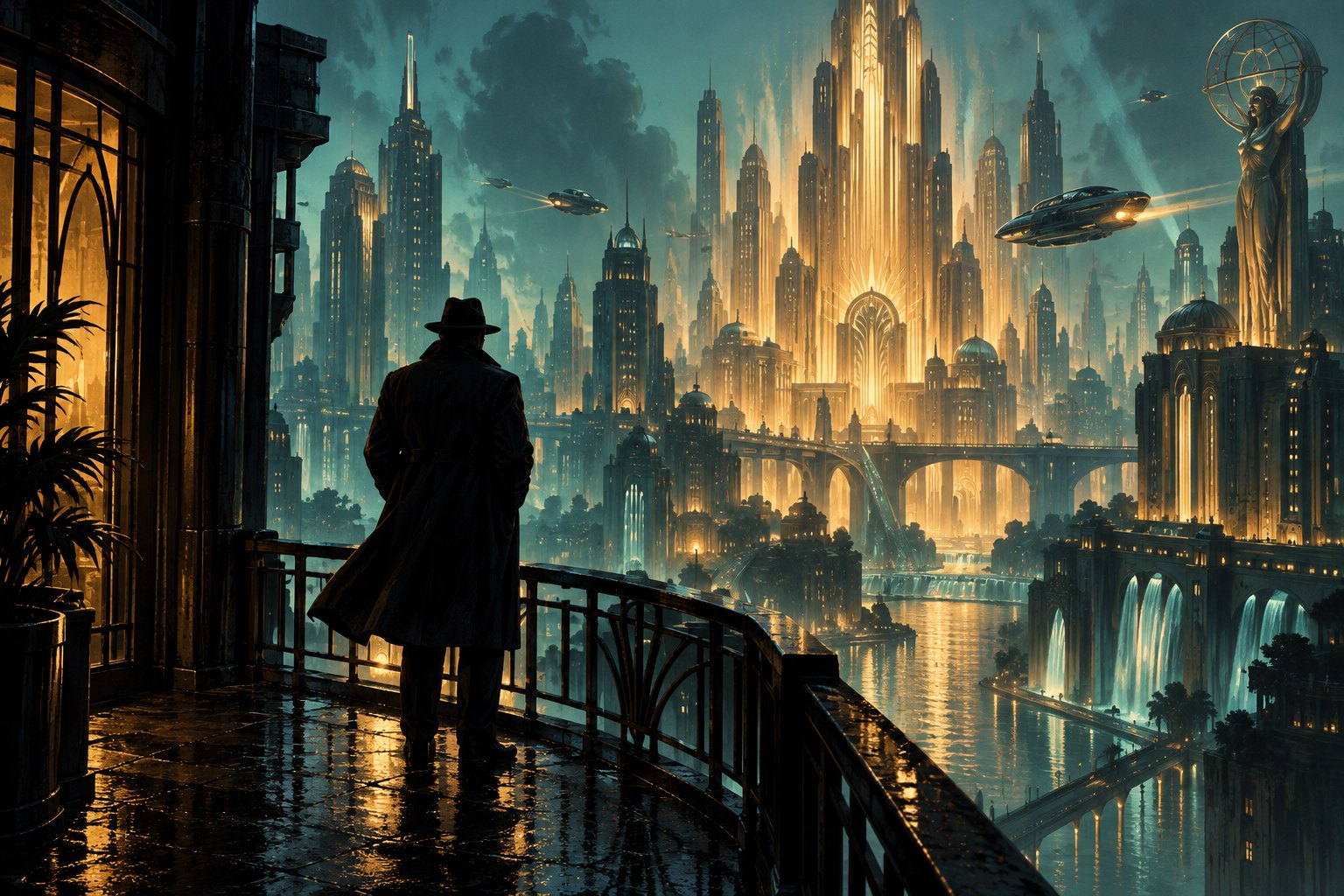Original thematic illustration of a silhouetted detective overlooking a glowing Art Deco future city from a rain-soaked balcony.