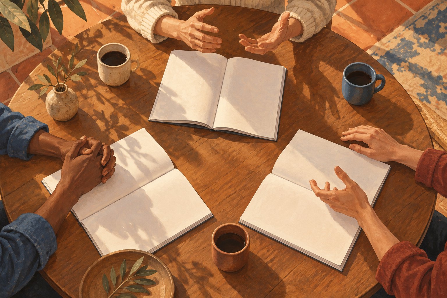 Conceptual illustration of three participants gesturing over blank script booklets around a wooden rehearsal table.