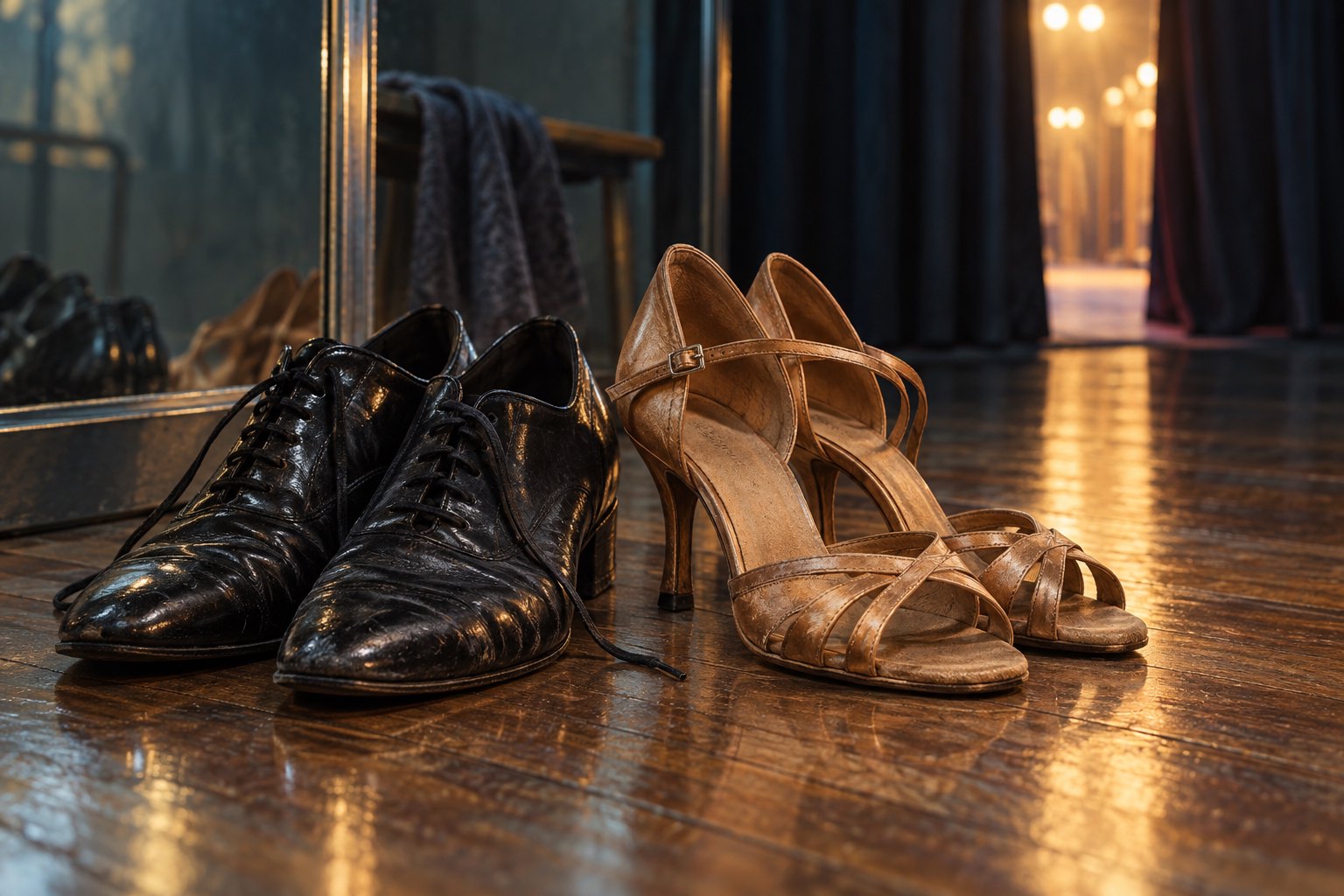 Editorial illustration of black ballroom shoes and tan dance heels on a wooden rehearsal floor beside a mirror and an illuminated stage curtain.