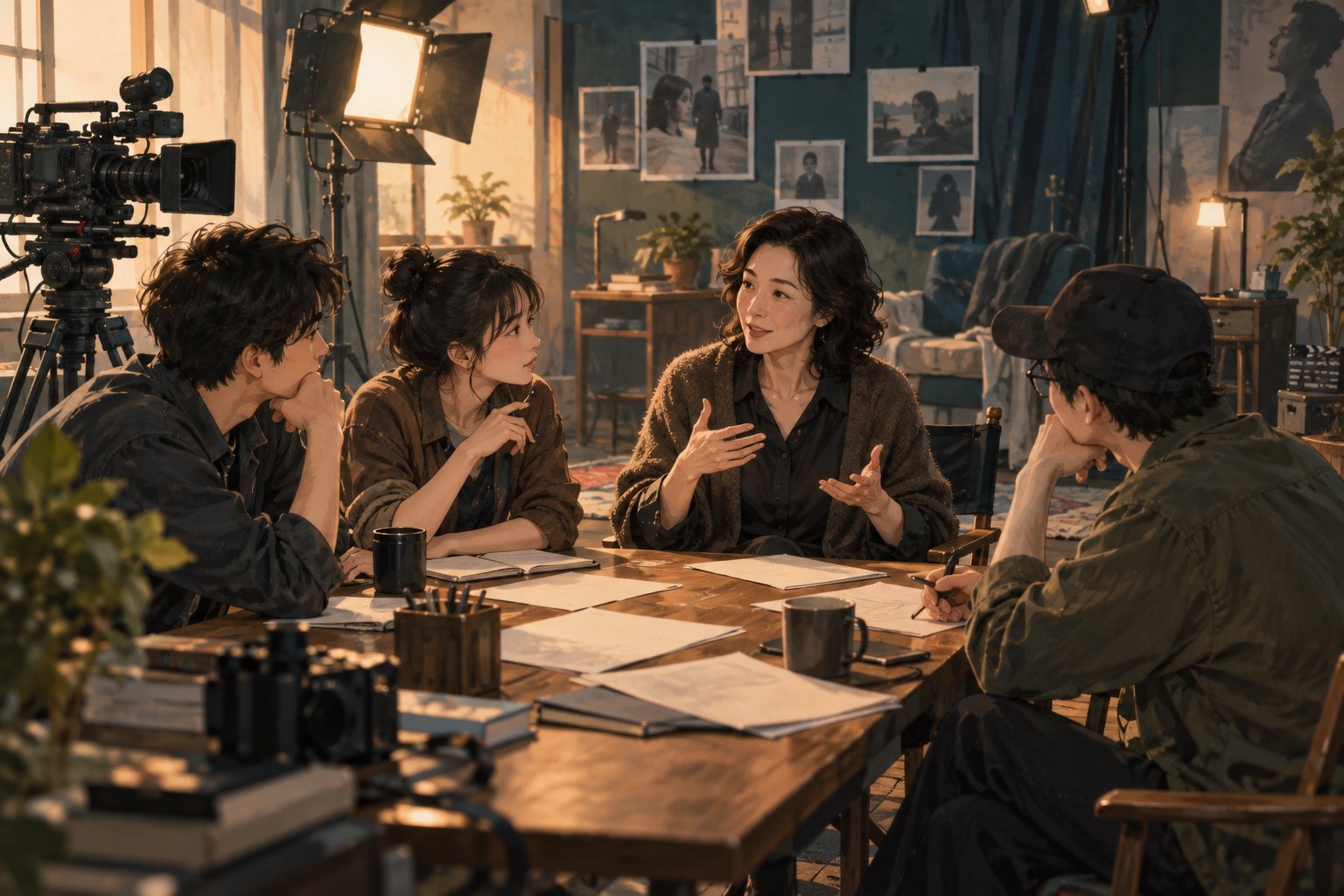 青年创作者与中年女演员围桌交流剧本的主题插画，旁边摆放摄影机与灯光设备