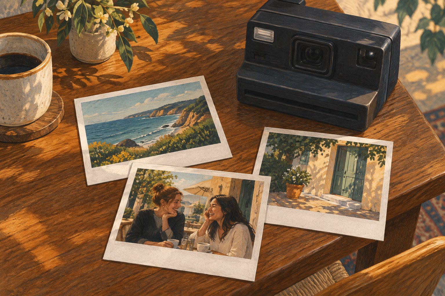 Illustration of an unbranded instant camera beside three white-bordered photographs on a sunlit wooden table.