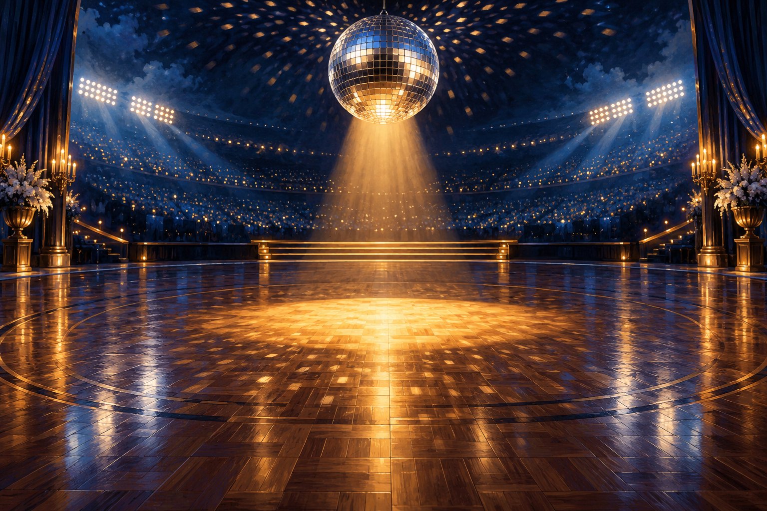 Editorial illustration of an empty ballroom floor beneath a mirrored disco ball, with golden spotlights and blue stadium-style lighting.